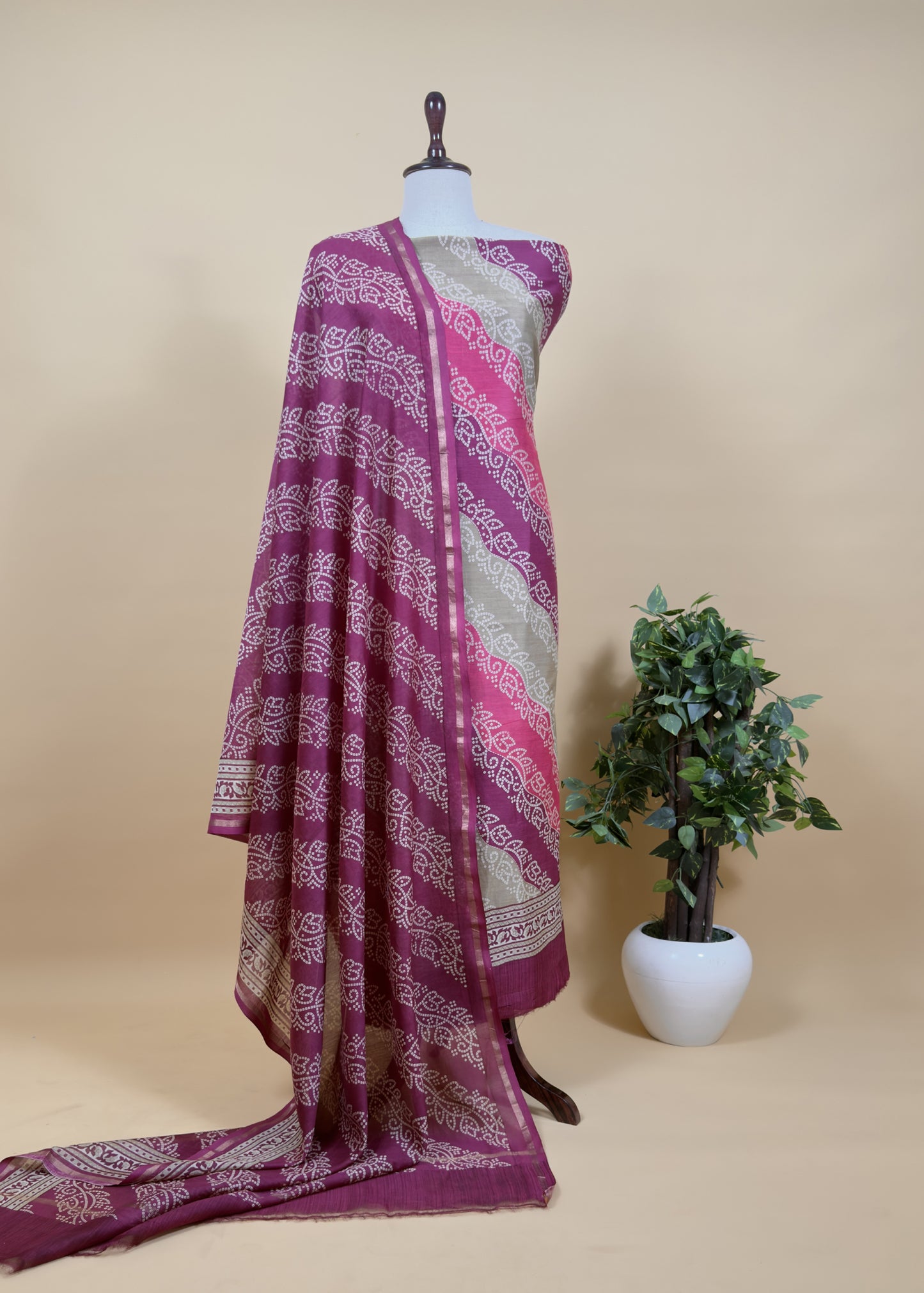 Wine And Gray Bandhani Suit In Maheshwari Silk
