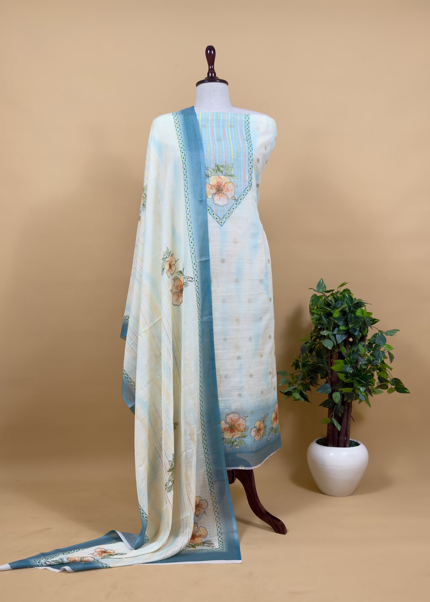 White And Mustard Foral Chanderi Blend Unstitched Suit With Zari Weaving