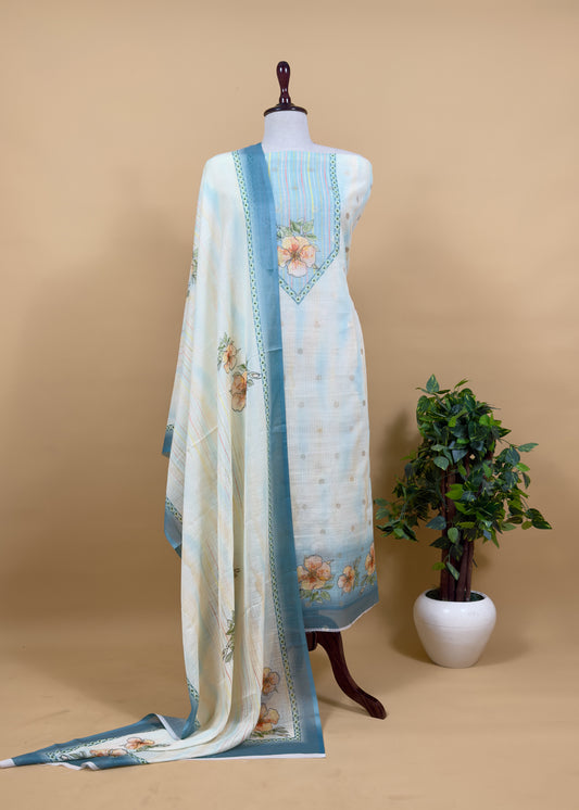 White And Sky Blue Foral Chanderi Blend Unstitched Suit With Zari Weaving