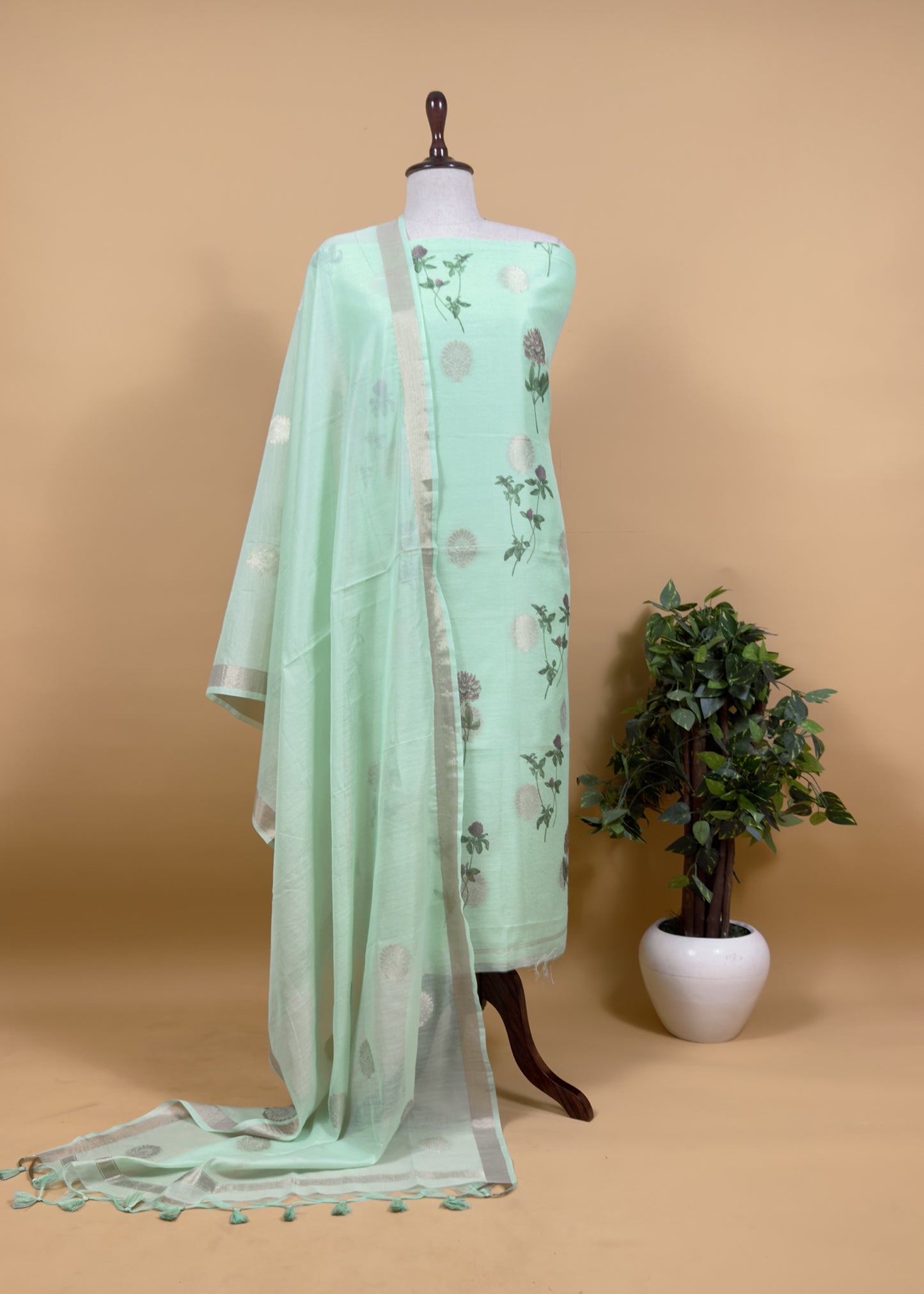 White Summer Floral Unstitched Suit In Chanderi Blend Fabric