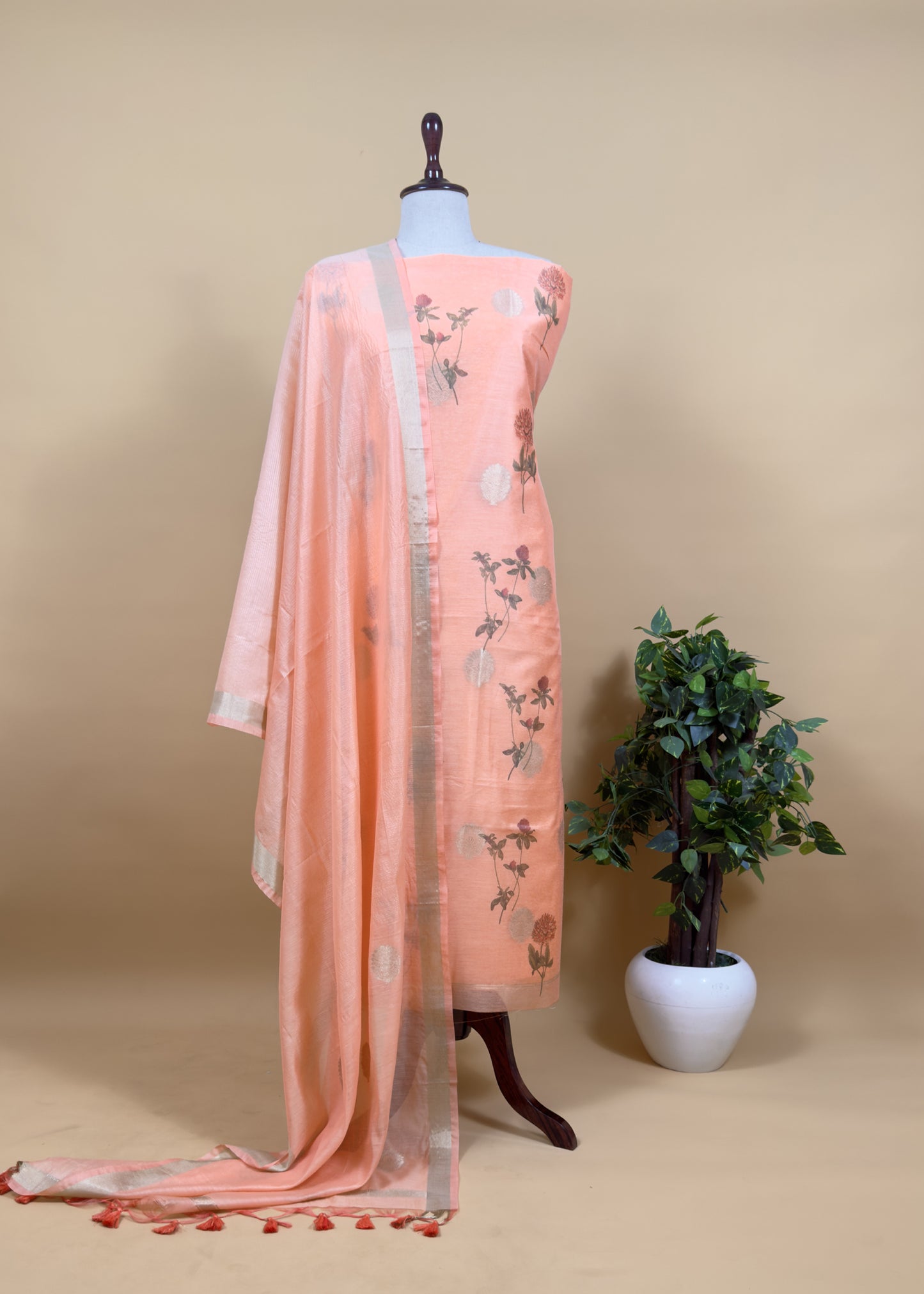 White Summer Floral Unstitched Suit In Chanderi Blend Fabric