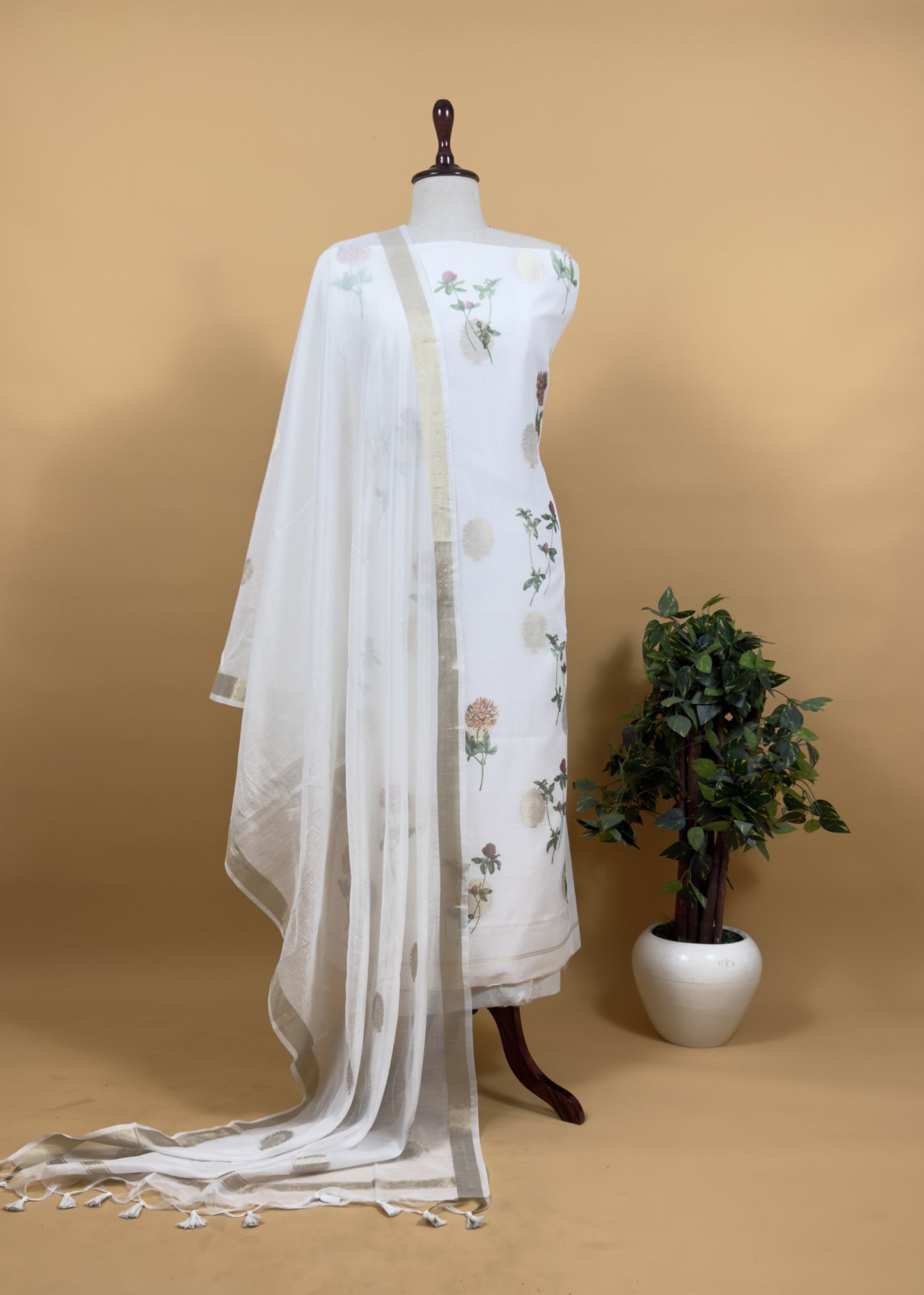 White Summer Floral Unstitched Suit In Chanderi Blend Fabric