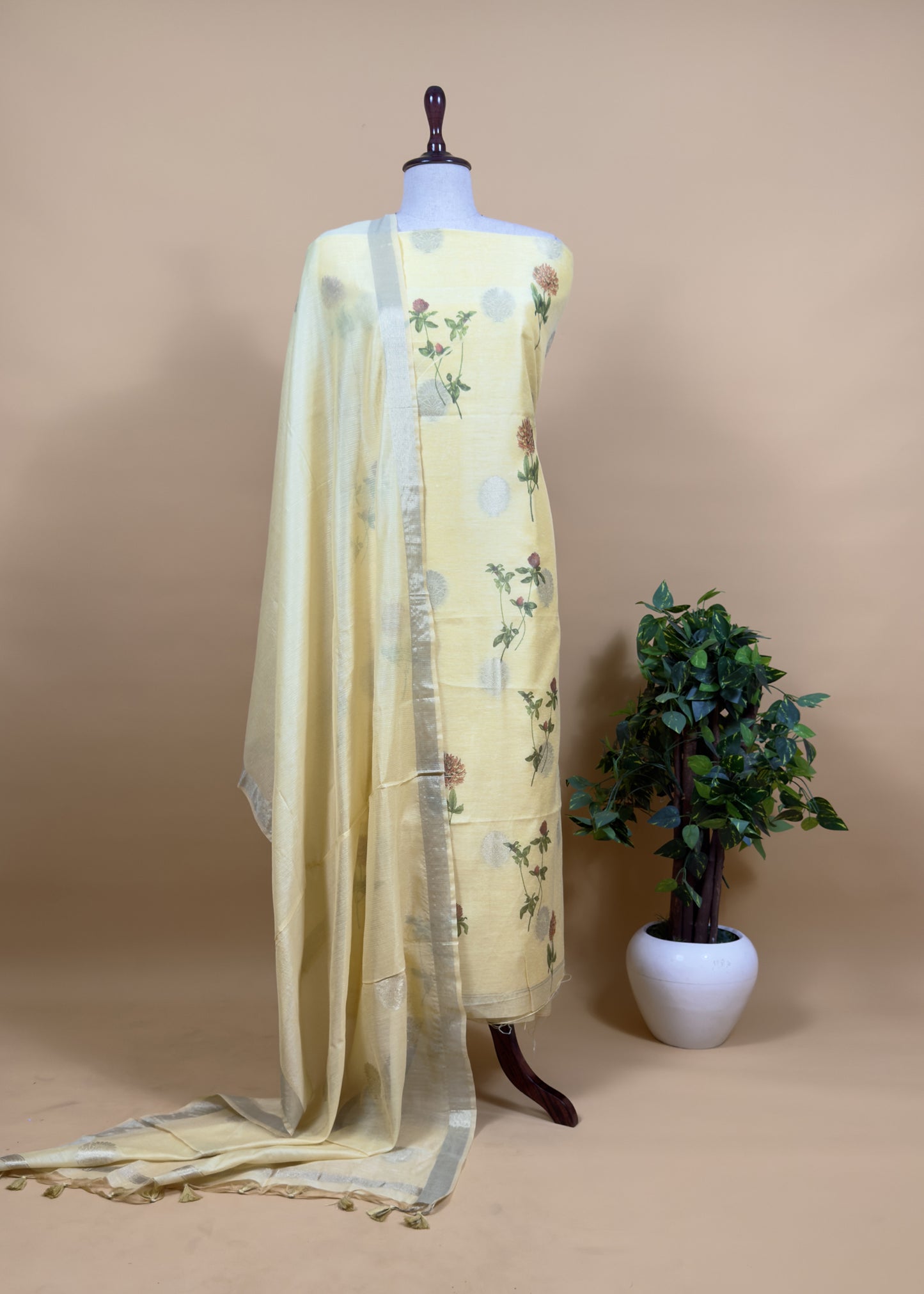 White Summer Floral Unstitched Suit In Chanderi Blend Fabric