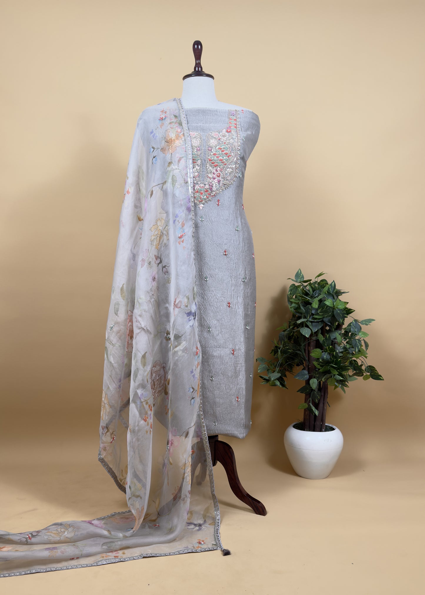 Festive Grey Pure Crushed Tissue Silk Suit And Floral Dupatta With Resham Embroidery