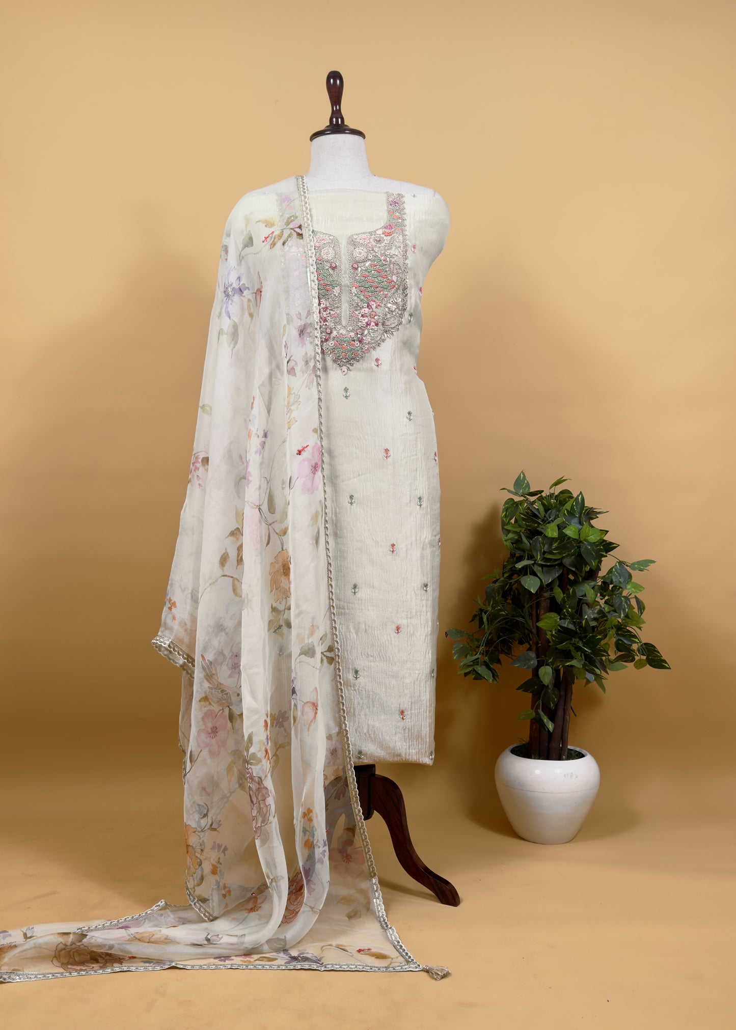 Festive Grey Pure Crushed Tissue Silk Suit And Floral Dupatta With Resham Embroidery