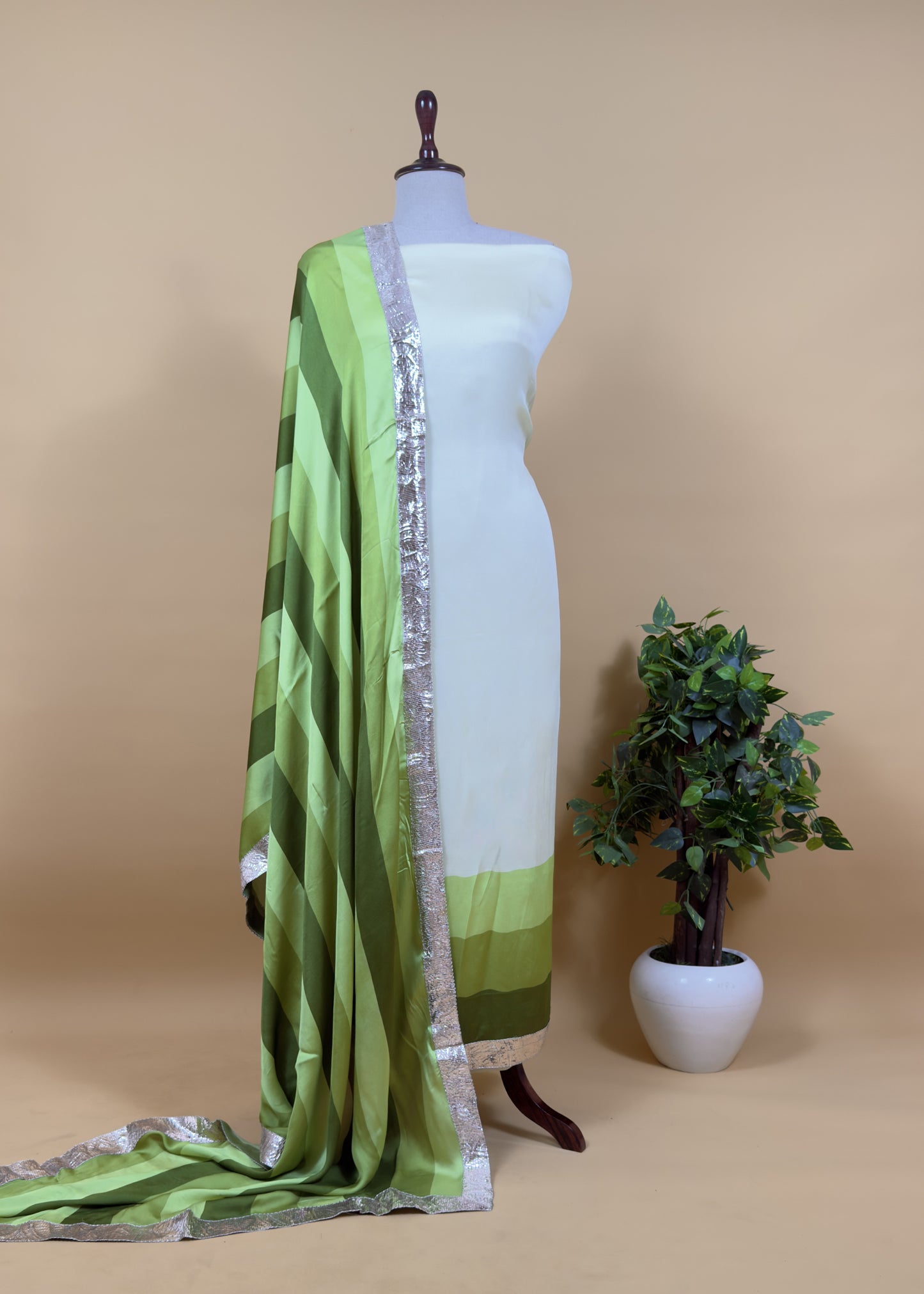 Rohit Bal Abstract Digital Print Pure Satin Silk Dupatta-Suit With Laces
