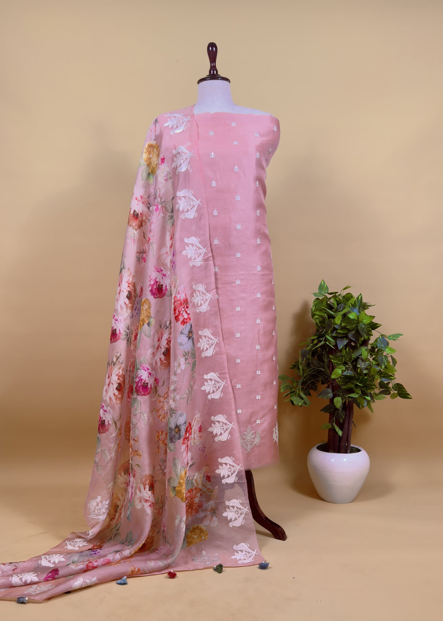 Flamingo Pink Kalasheel Luxe Handwoven Organza kurta And Floral Dupatta With Silver Parrots