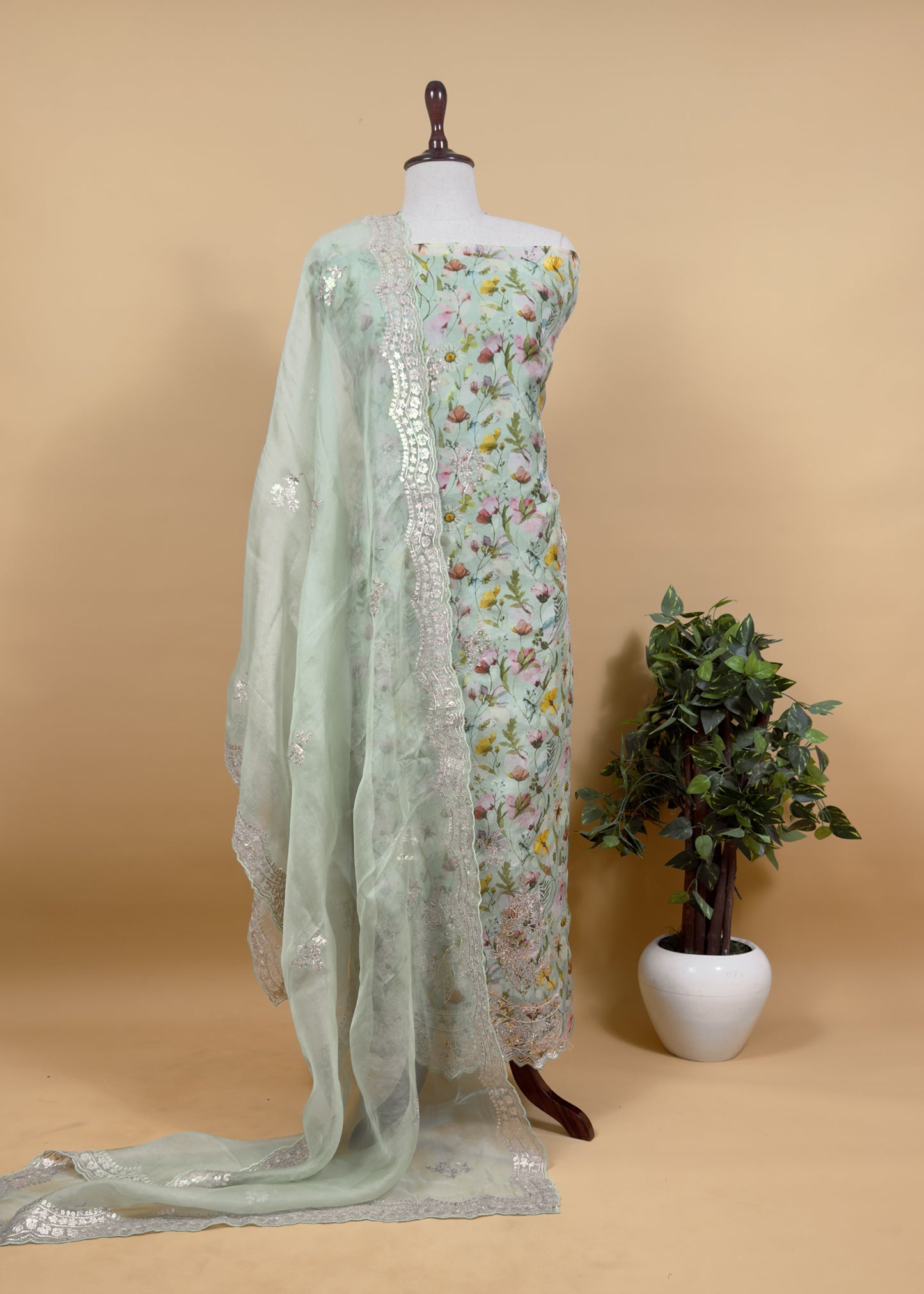 Soft Pista Green Kalasheel Luxe Phool Bagh Pure Organza Suit With Pitta Work