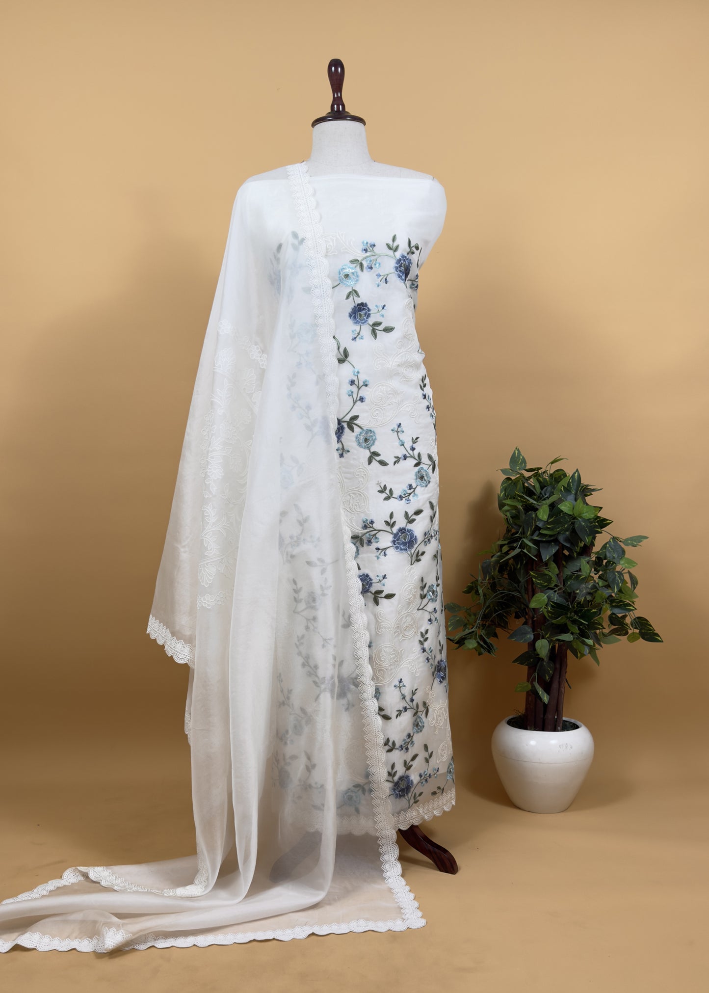 Kalasheel Luxe Dove white Pure Kora Silk Suit with Parsi Embroidery And Appliqué Work