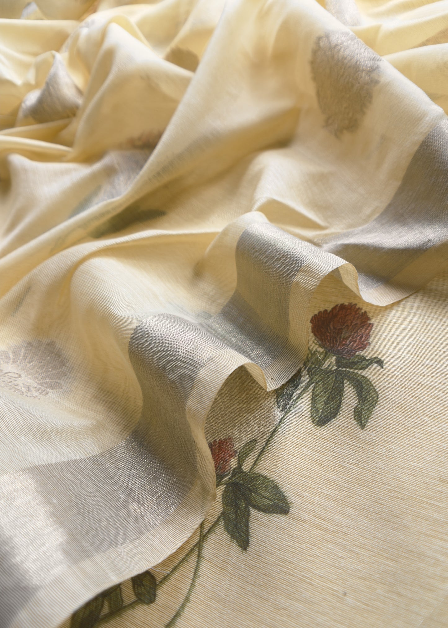 Yellow Summer Floral Unstitched Suit In Chanderi Blend Fabric