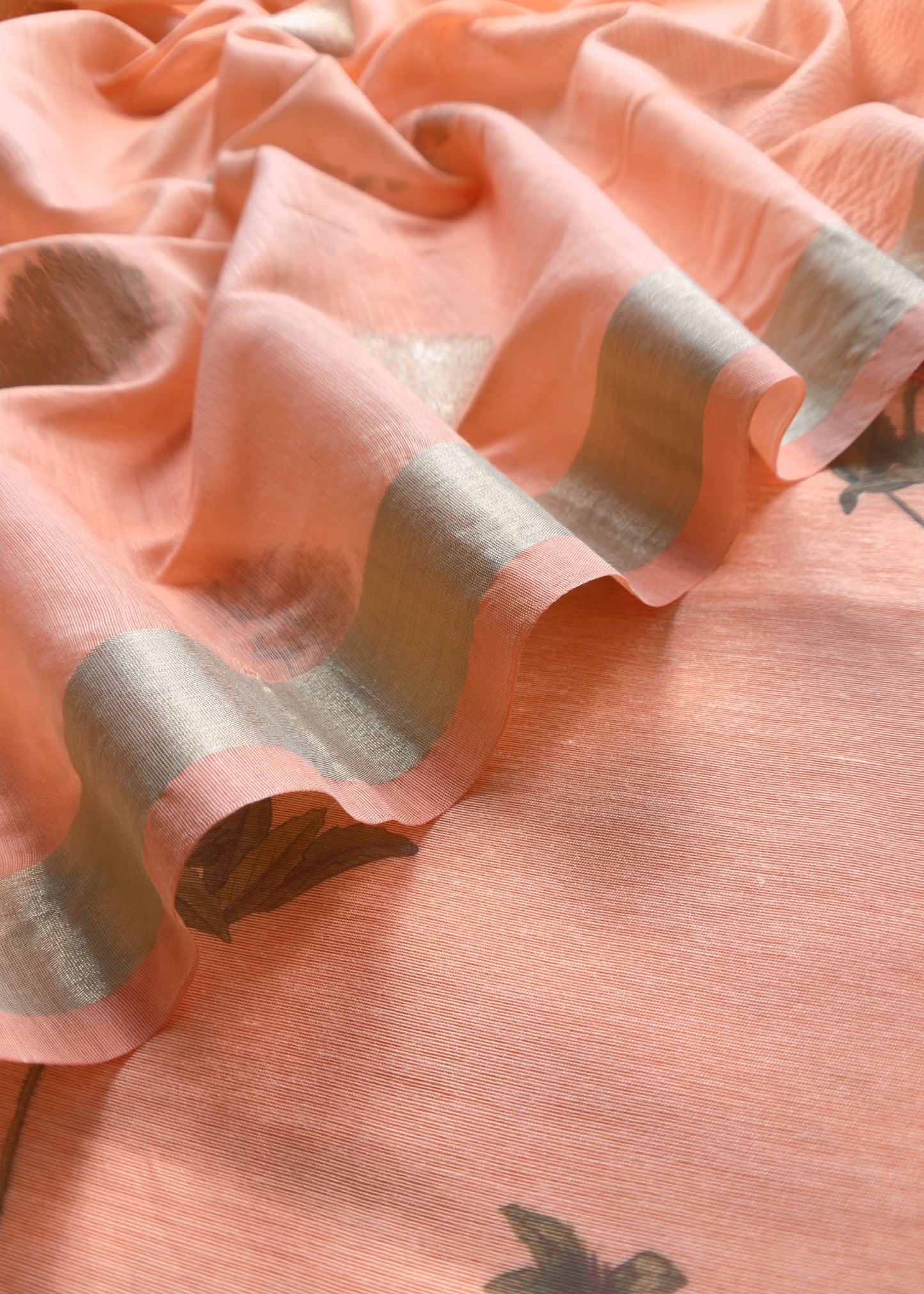 Peach Summer Floral Unstitched Suit In Chanderi Blend Fabric