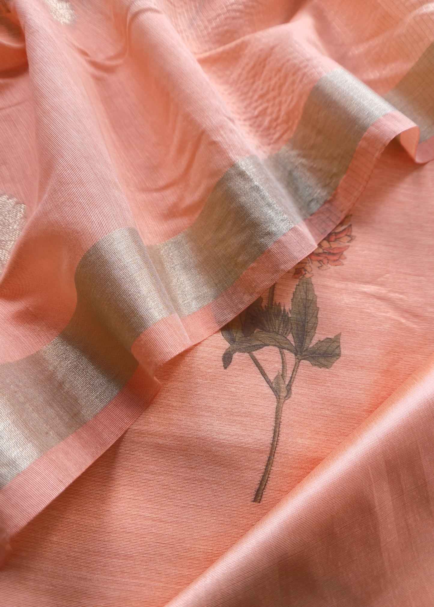Peach Summer Floral Unstitched Suit In Chanderi Blend Fabric