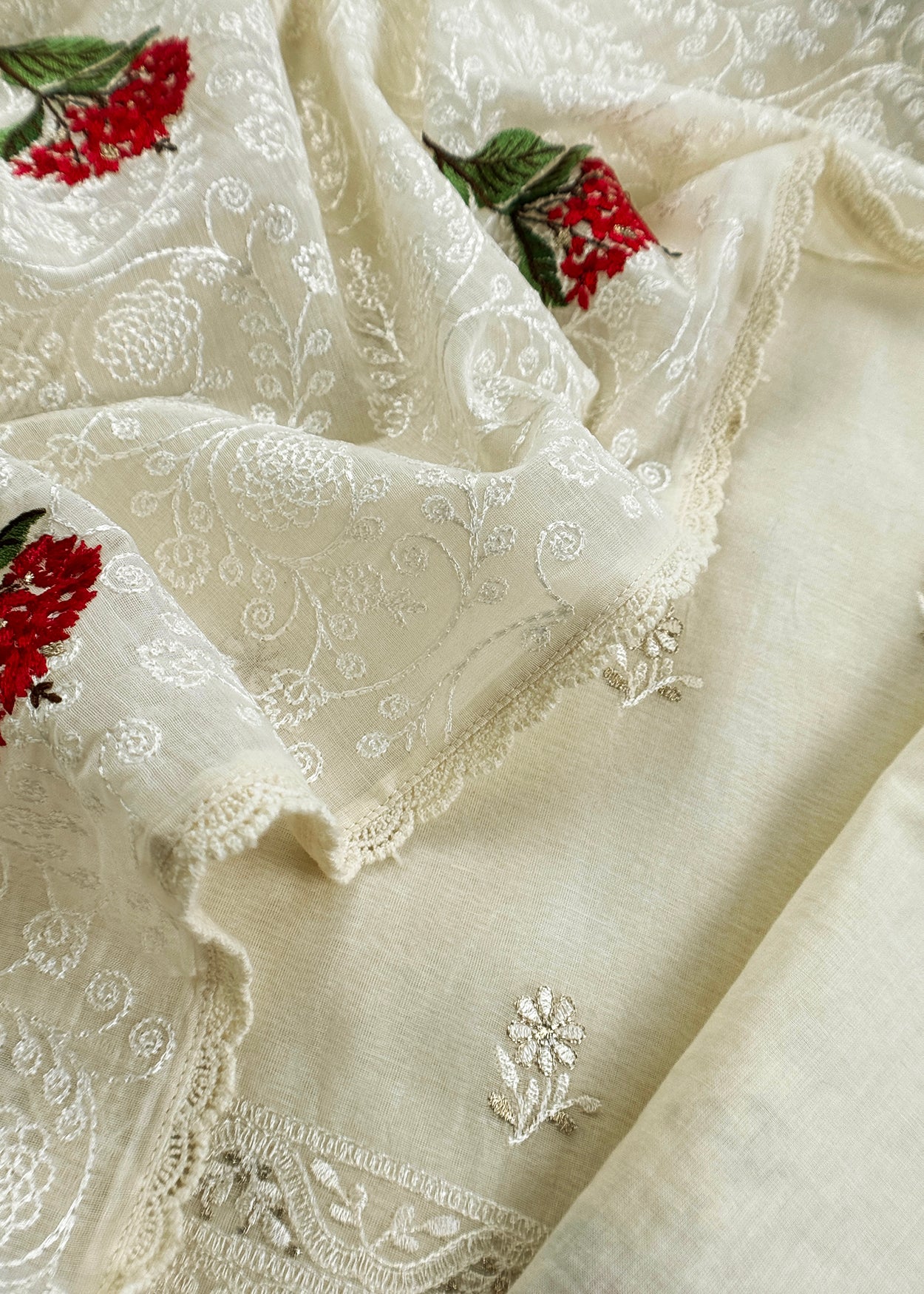 Luxe Dove White Handloom Mulmul Unstitched Suit With Parsi Thread Embroidery