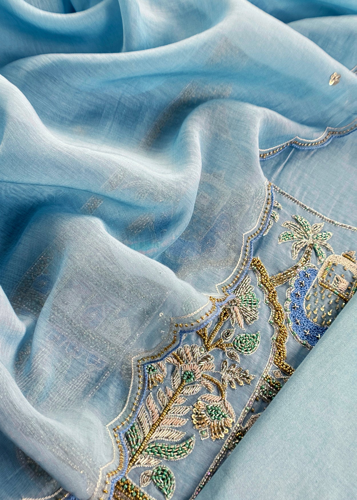 Ice Blue Handloom Mulmul Unstitched Suit Fabric With Handwork