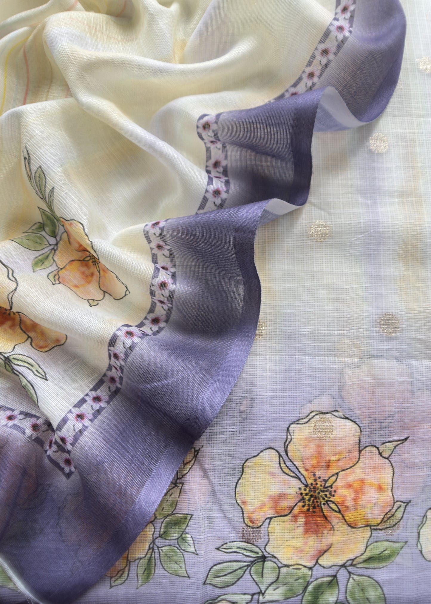 White And Blue Foral Chanderi Blend Unstitched Suit With Zari weaving