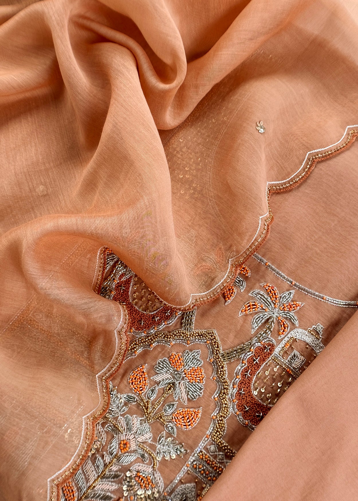 Soft Brown Handloom Mulmul Unstitched Suit Fabric With Handwork