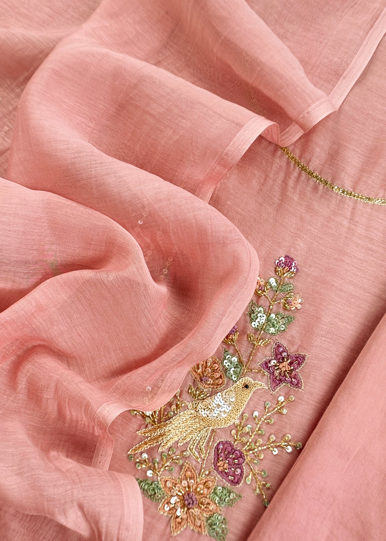 Peach Handloom Mulmul Unstitched Suit With Birds Hand Work