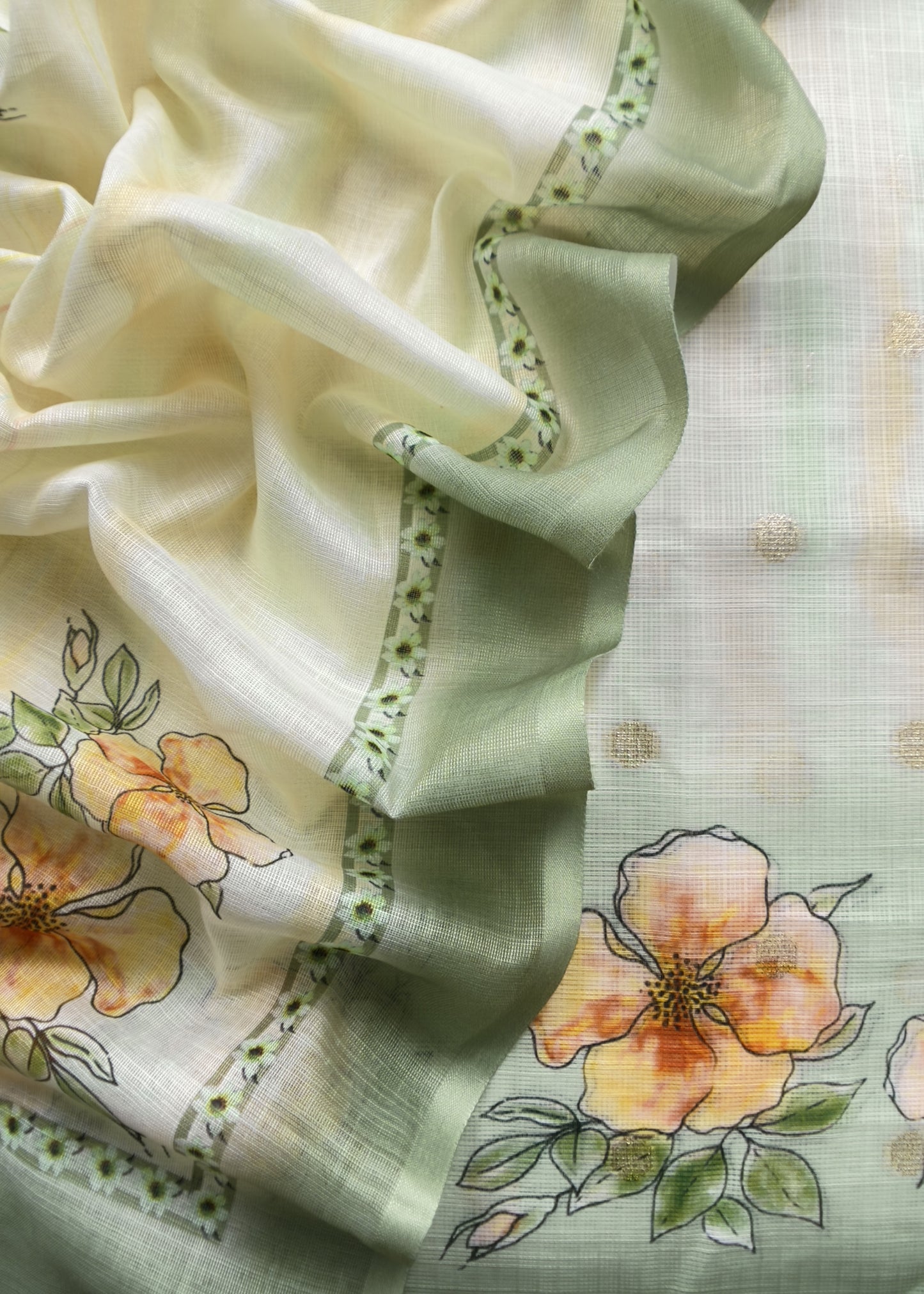 White And Green Foral Chanderi Blend Unstitched Suit With Zari Weaving