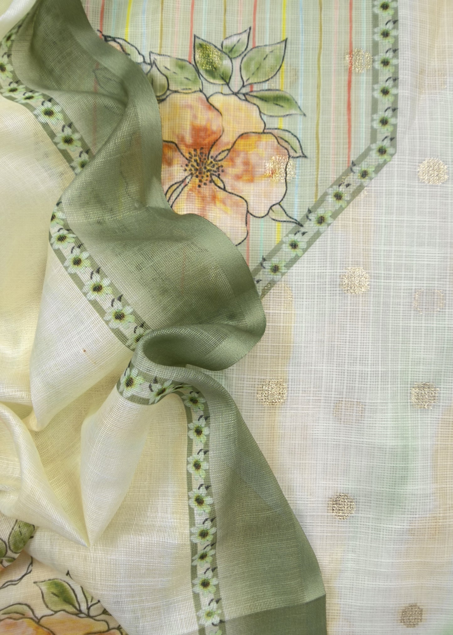 White And Green Foral Chanderi Blend Unstitched Suit With Zari Weaving