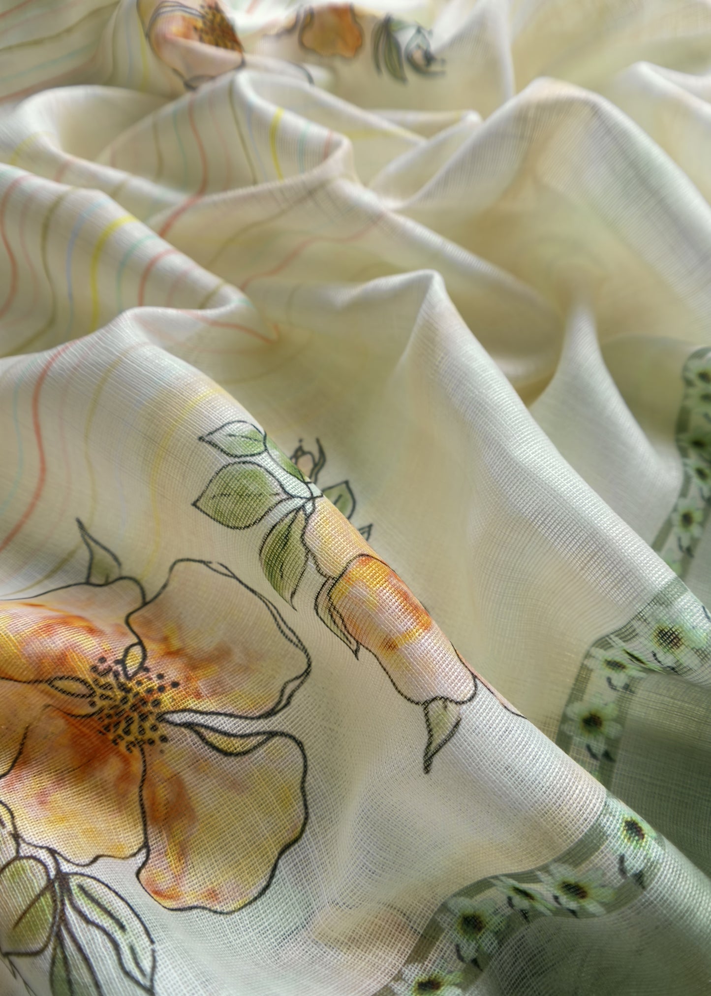 White And Green Foral Chanderi Blend Unstitched Suit With Zari Weaving