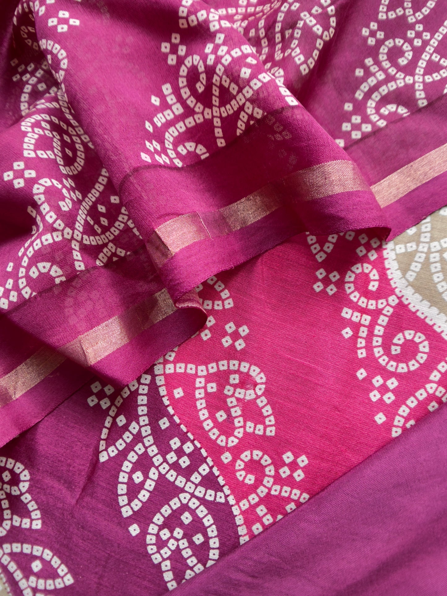 Wine And Gray Bandhani Suit In Maheshwari Silk