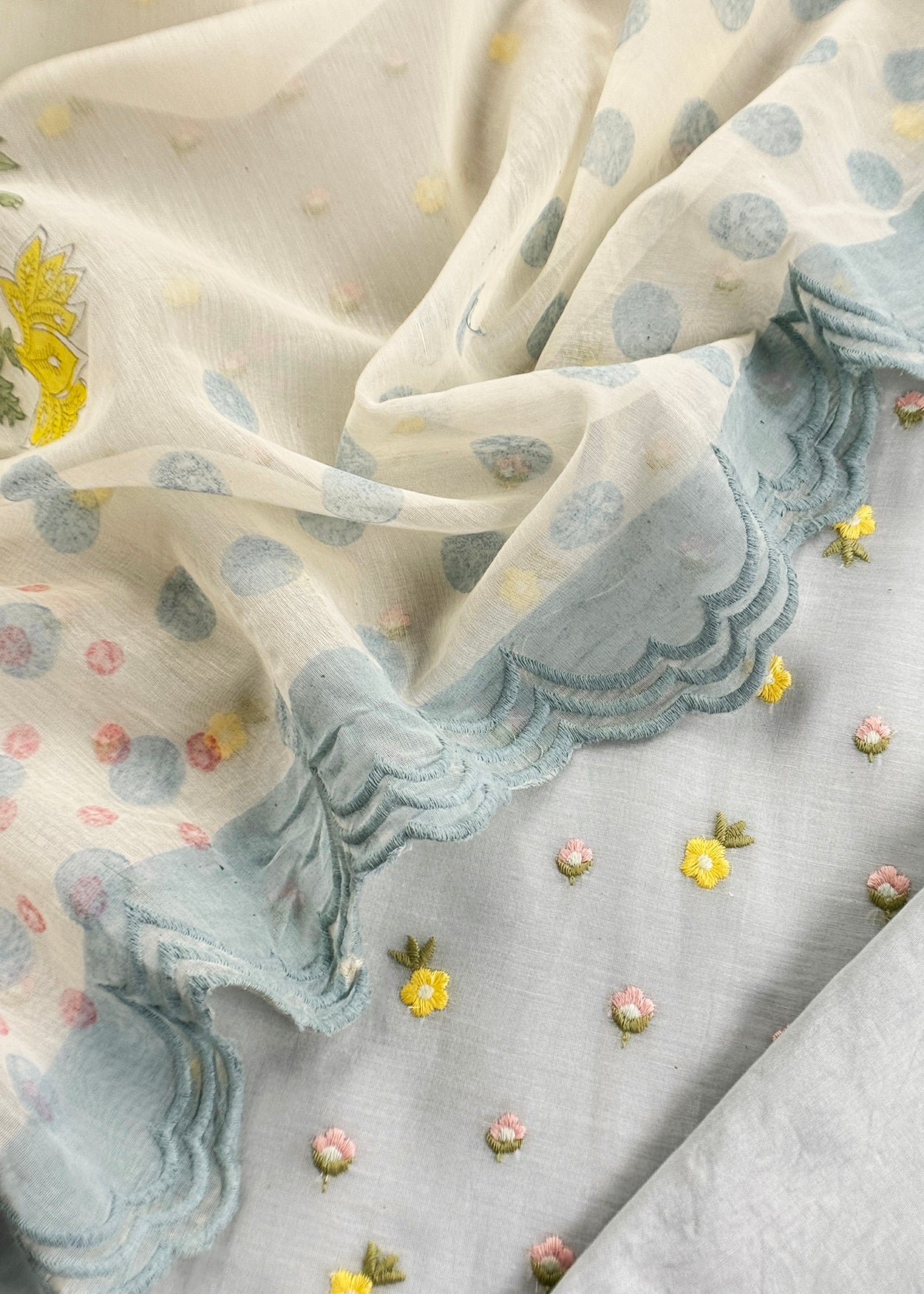 Ice Blue Embroidered Unstitched Mulmul Suit With Scalloped Border.