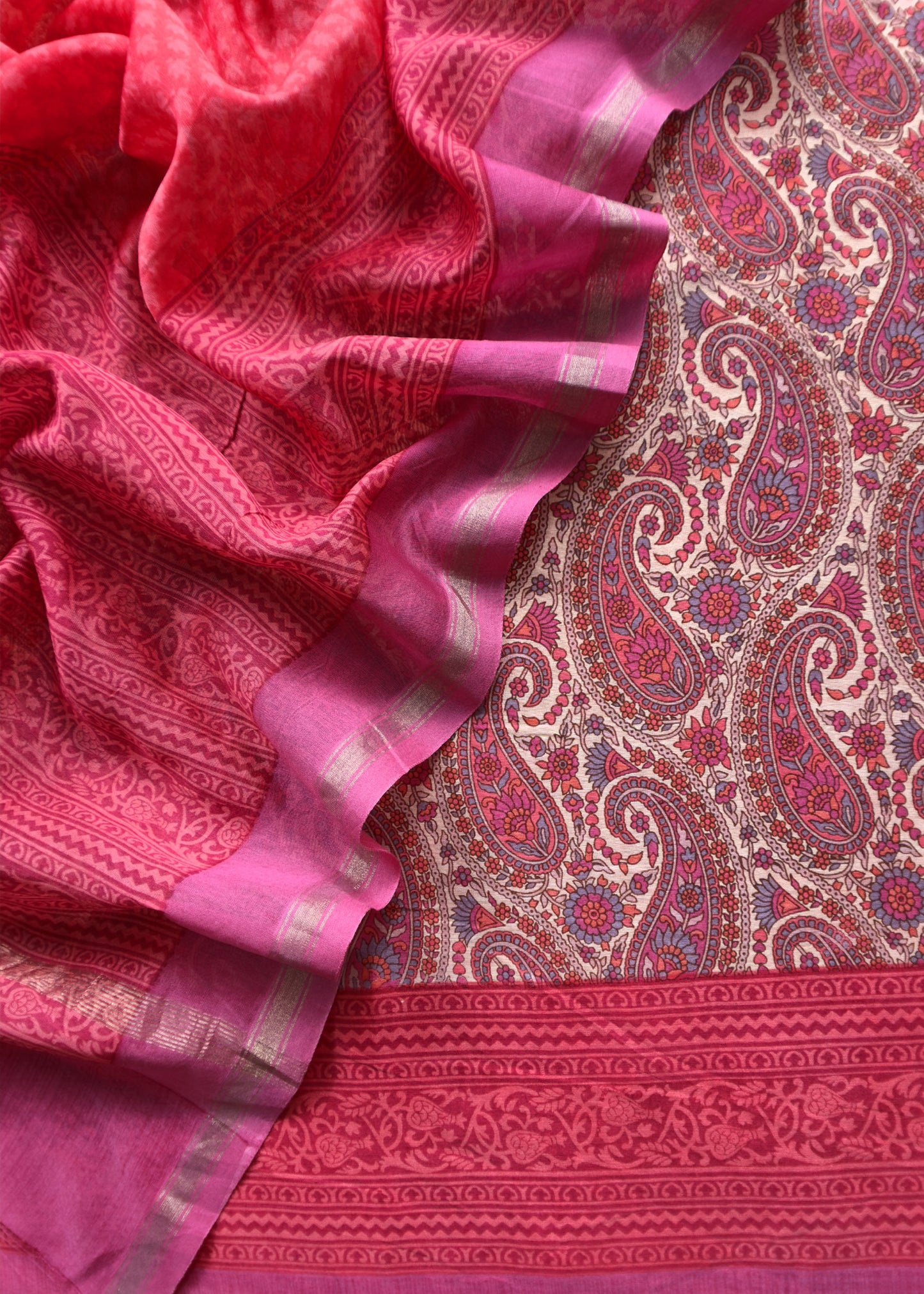 Pink Paisley Block Print Pure Maheshwari Silk Unstitched Suit