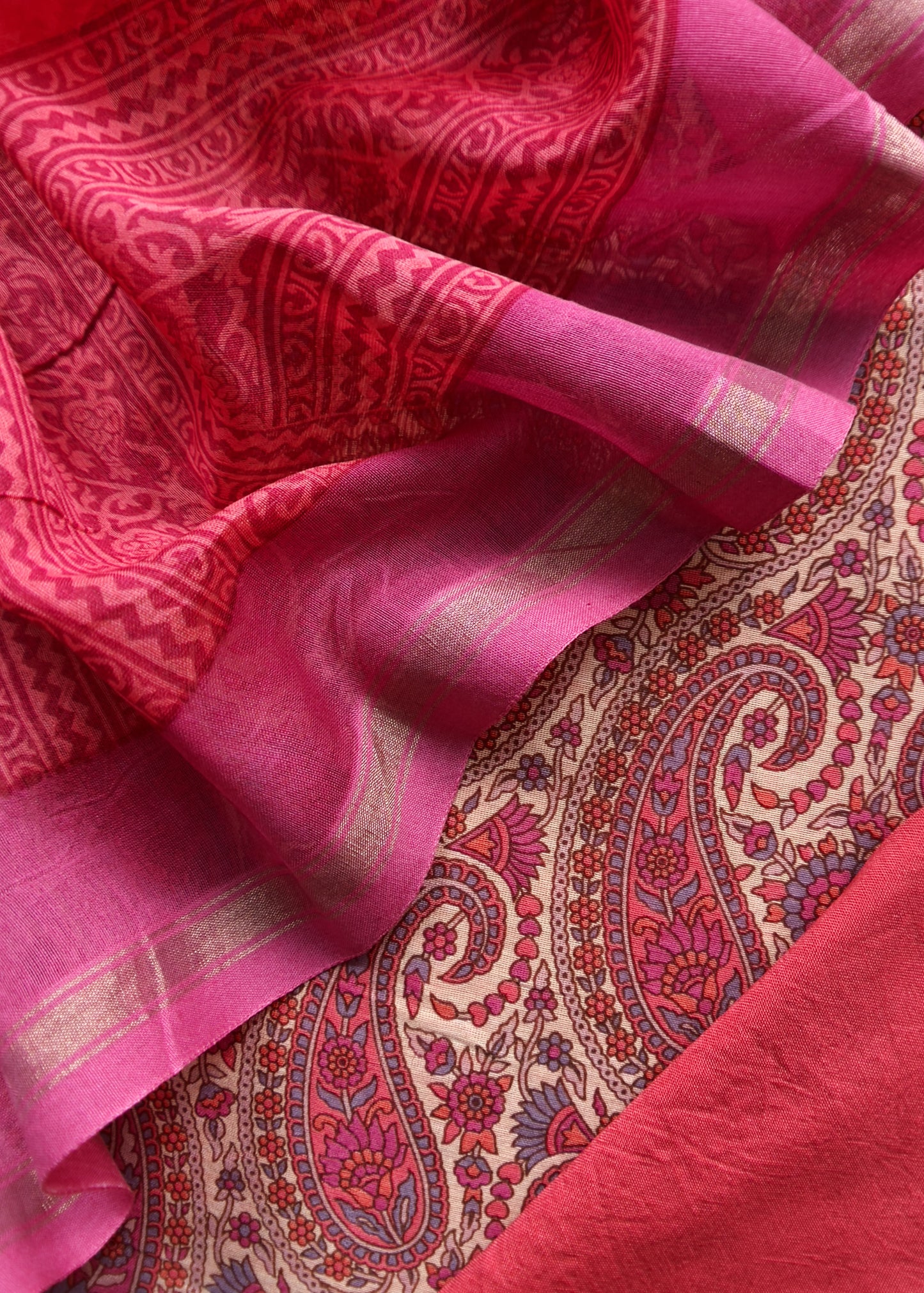 Pink Paisley Block Print Pure Maheshwari Silk Unstitched Suit