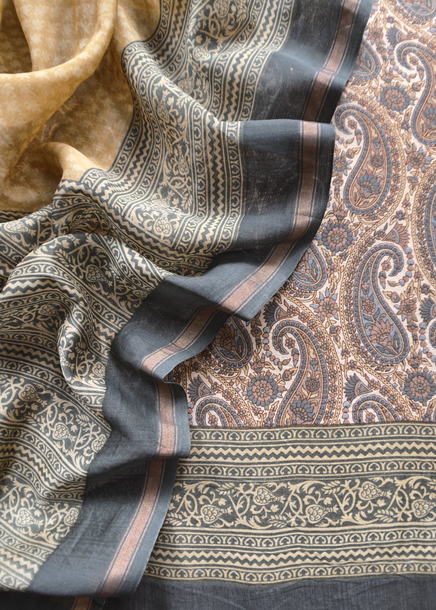 Fawn And Grey Paisley Block Print Pure Maheshwari Silk Unstitched Suit
