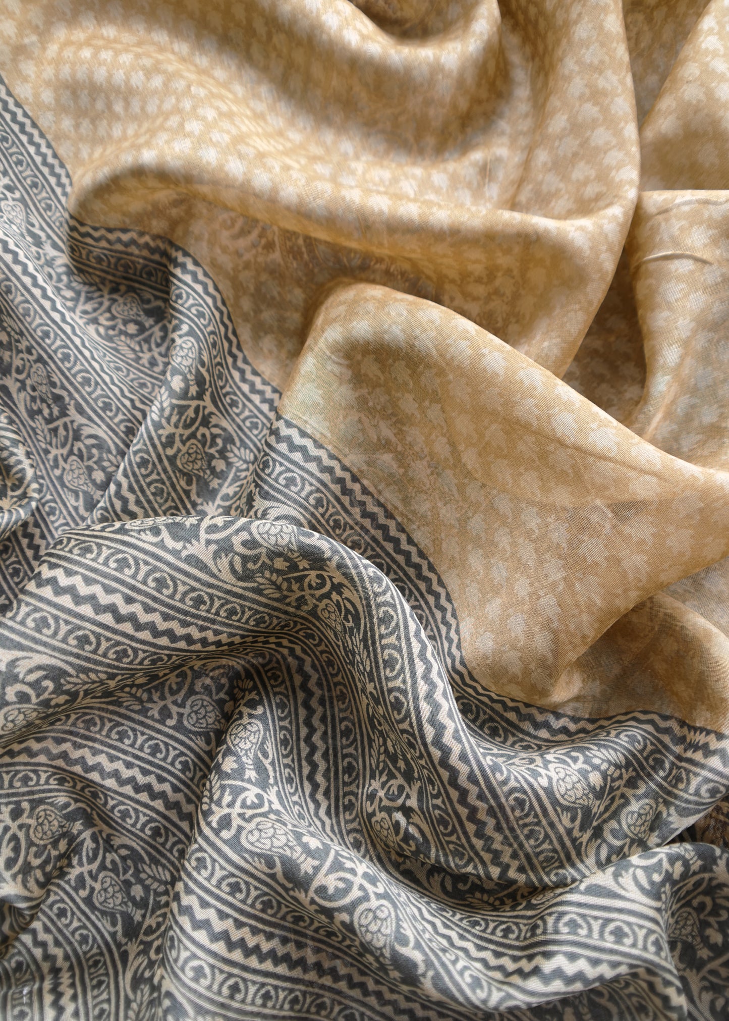 Fawn And Grey Paisley Block Print Pure Maheshwari Silk Unstitched Suit