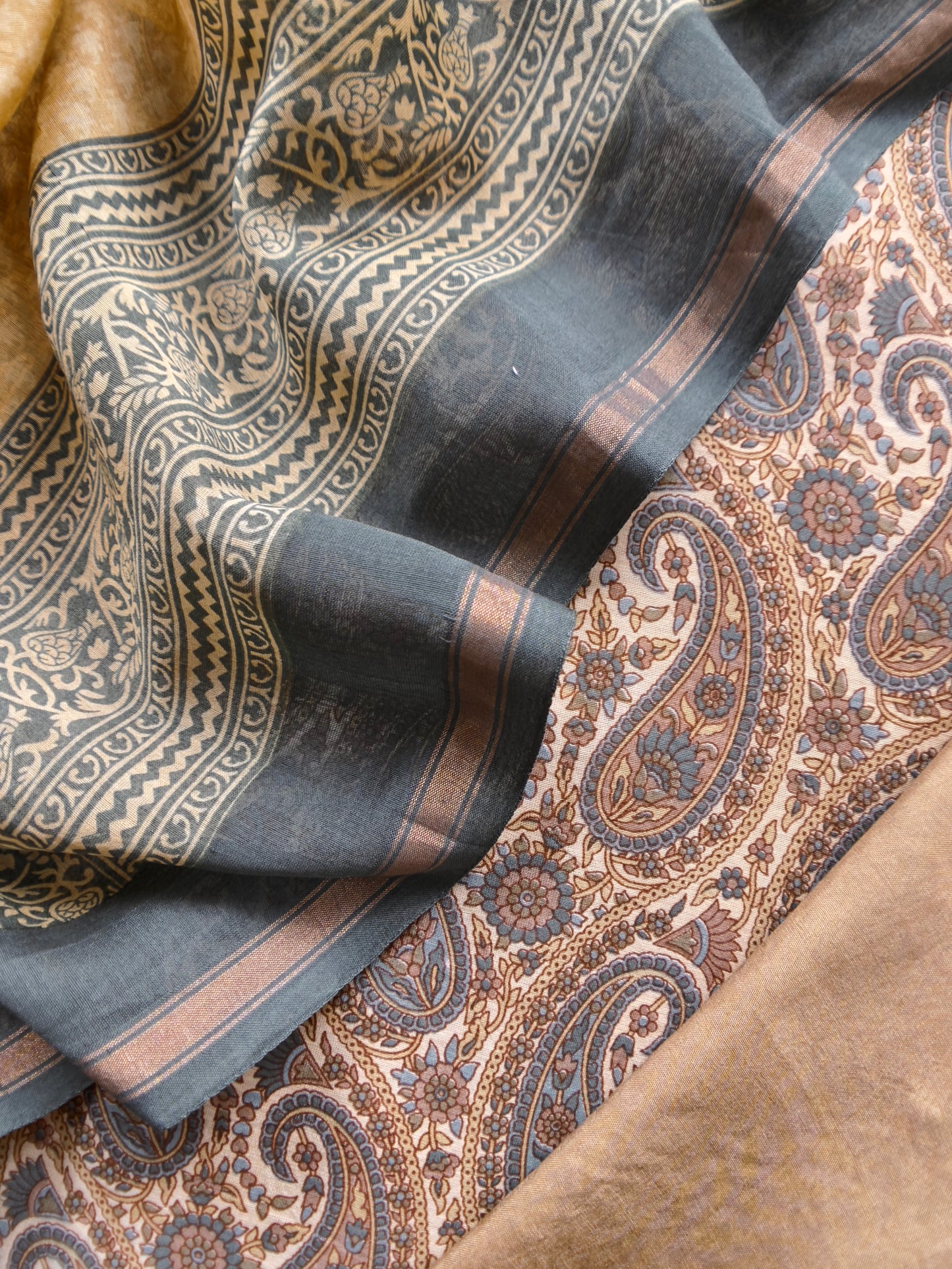 Fawn And Grey Paisley Block Print Pure Maheshwari Silk Unstitched Suit