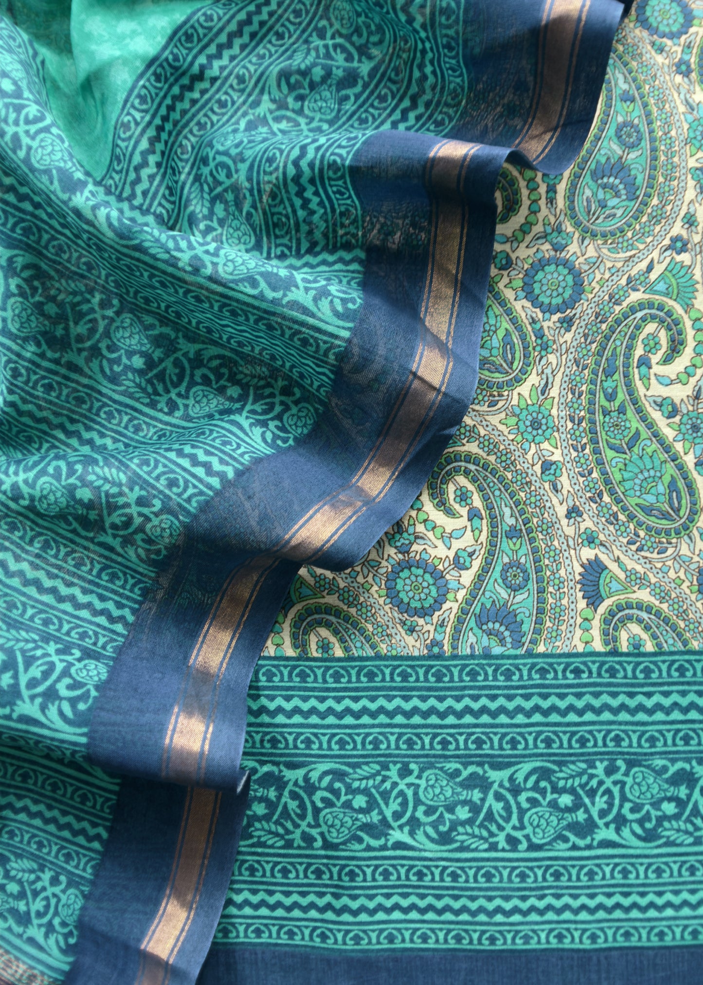 Turquoise And Blue Paisley Block Print Pure Maheshwari Silk Unstitched Suit