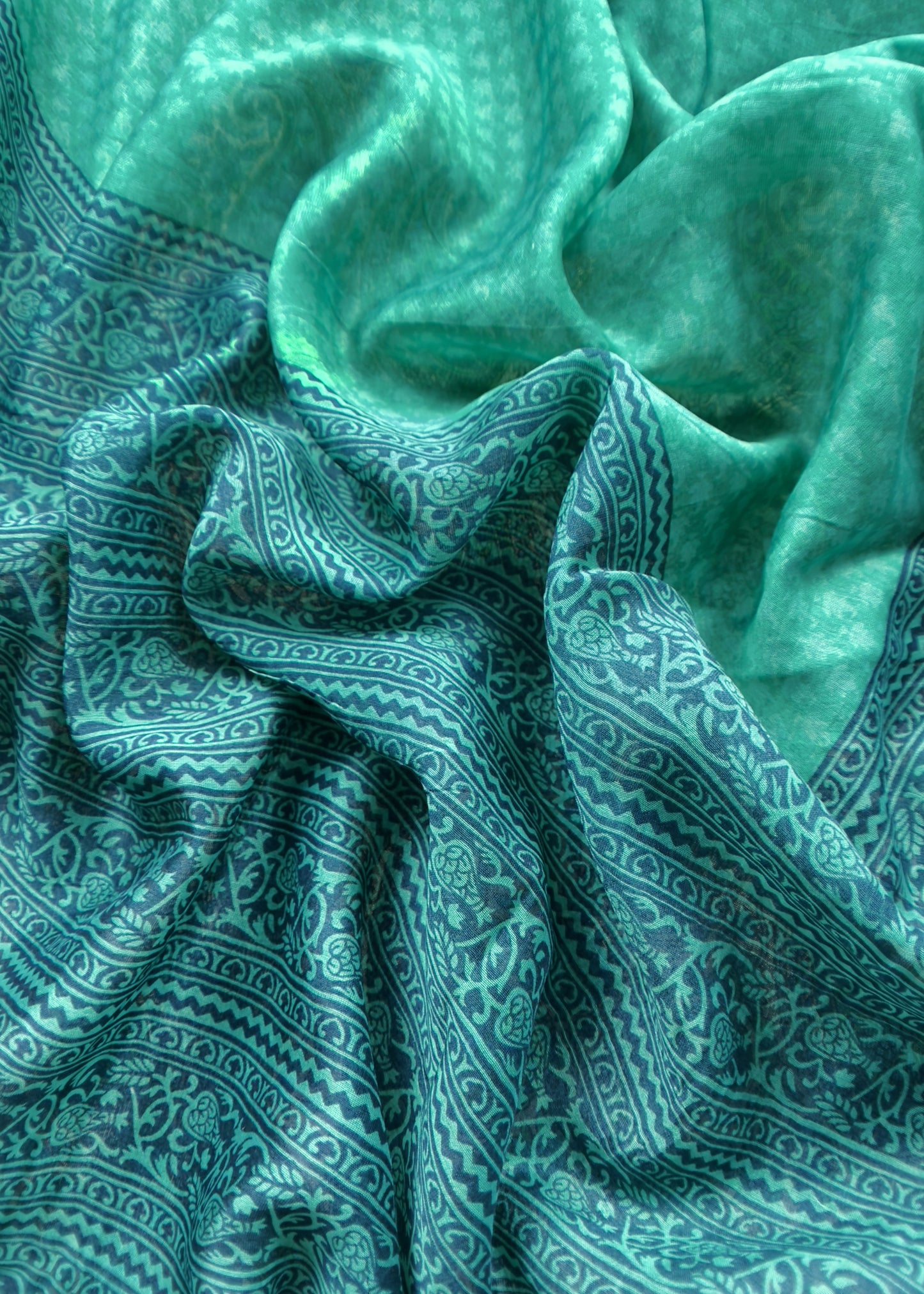 Turquoise And Blue Paisley Block Print Pure Maheshwari Silk Unstitched Suit