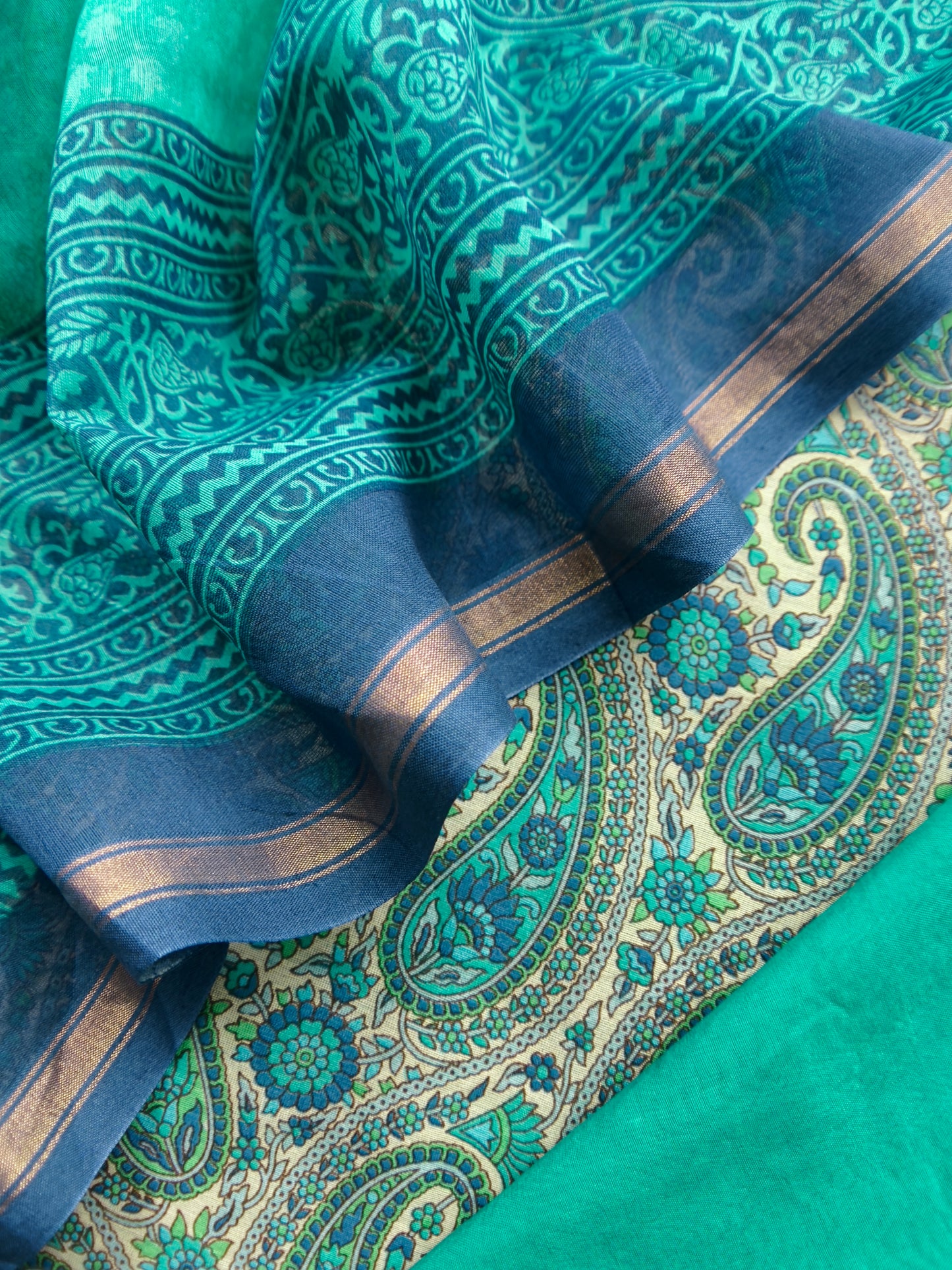 Turquoise And Blue Paisley Block Print Pure Maheshwari Silk Unstitched Suit