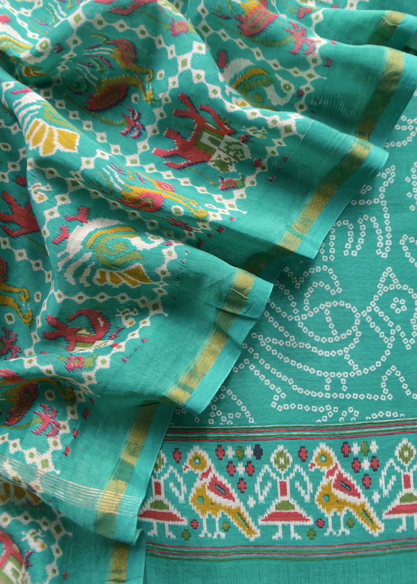 Turquoise Maheshwari Silk Unstitched Suit With Bandhani And Patola Print