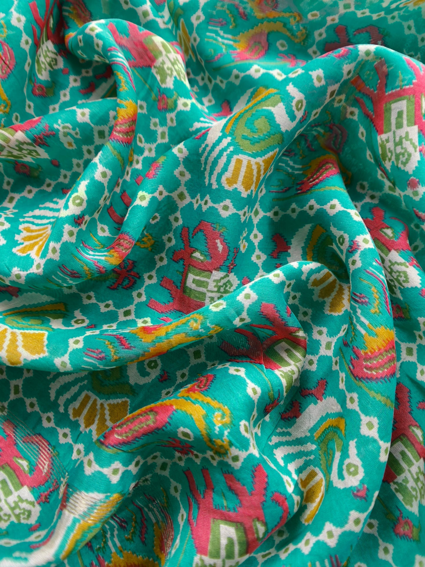 Turquoise Maheshwari Silk Unstitched Suit With Bandhani And Patola Print