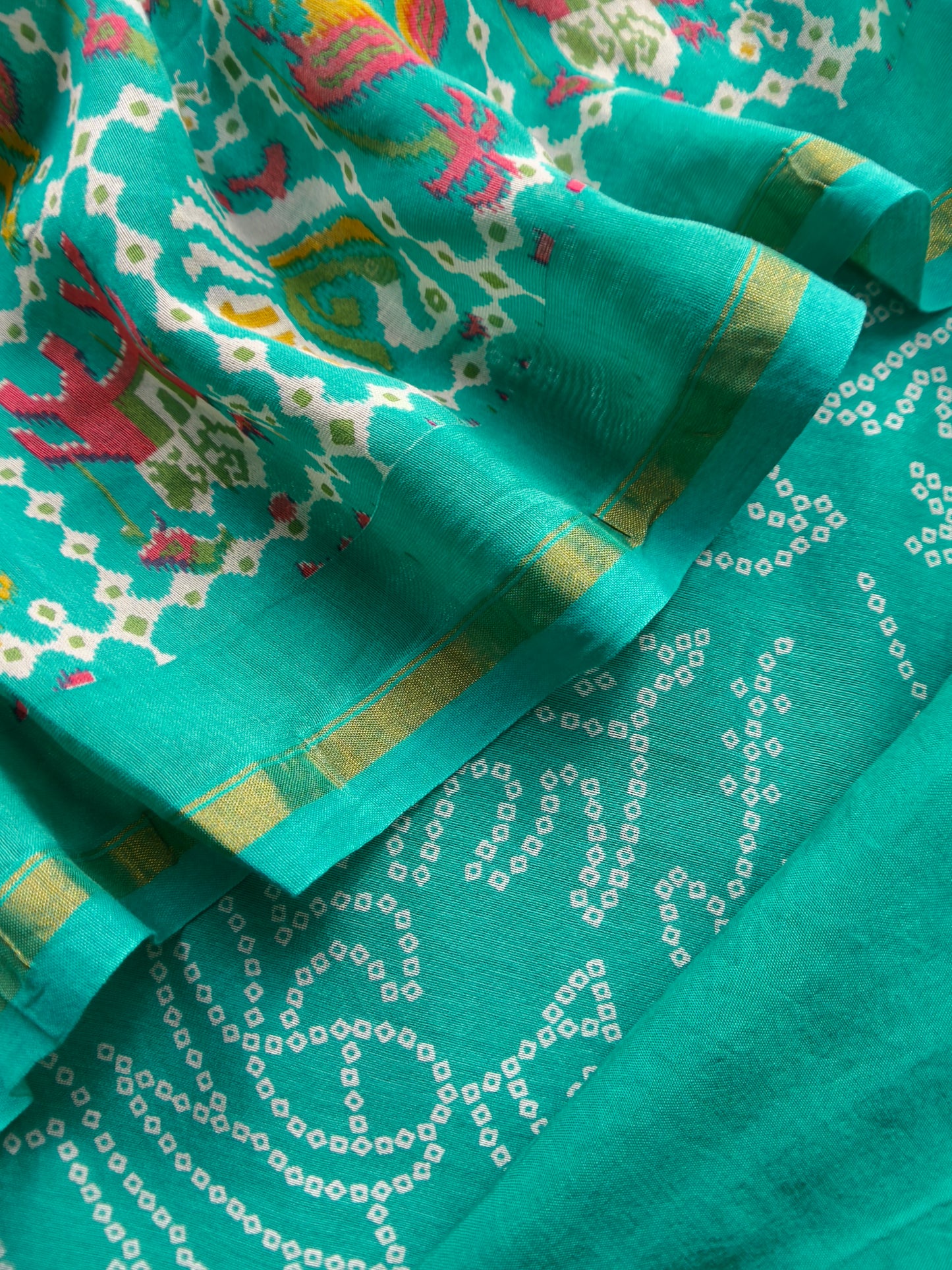 Turquoise Maheshwari Silk Unstitched Suit With Bandhani And Patola Print
