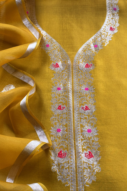 Yellow Handloom Silk Suit With Kora Silk Dupatta