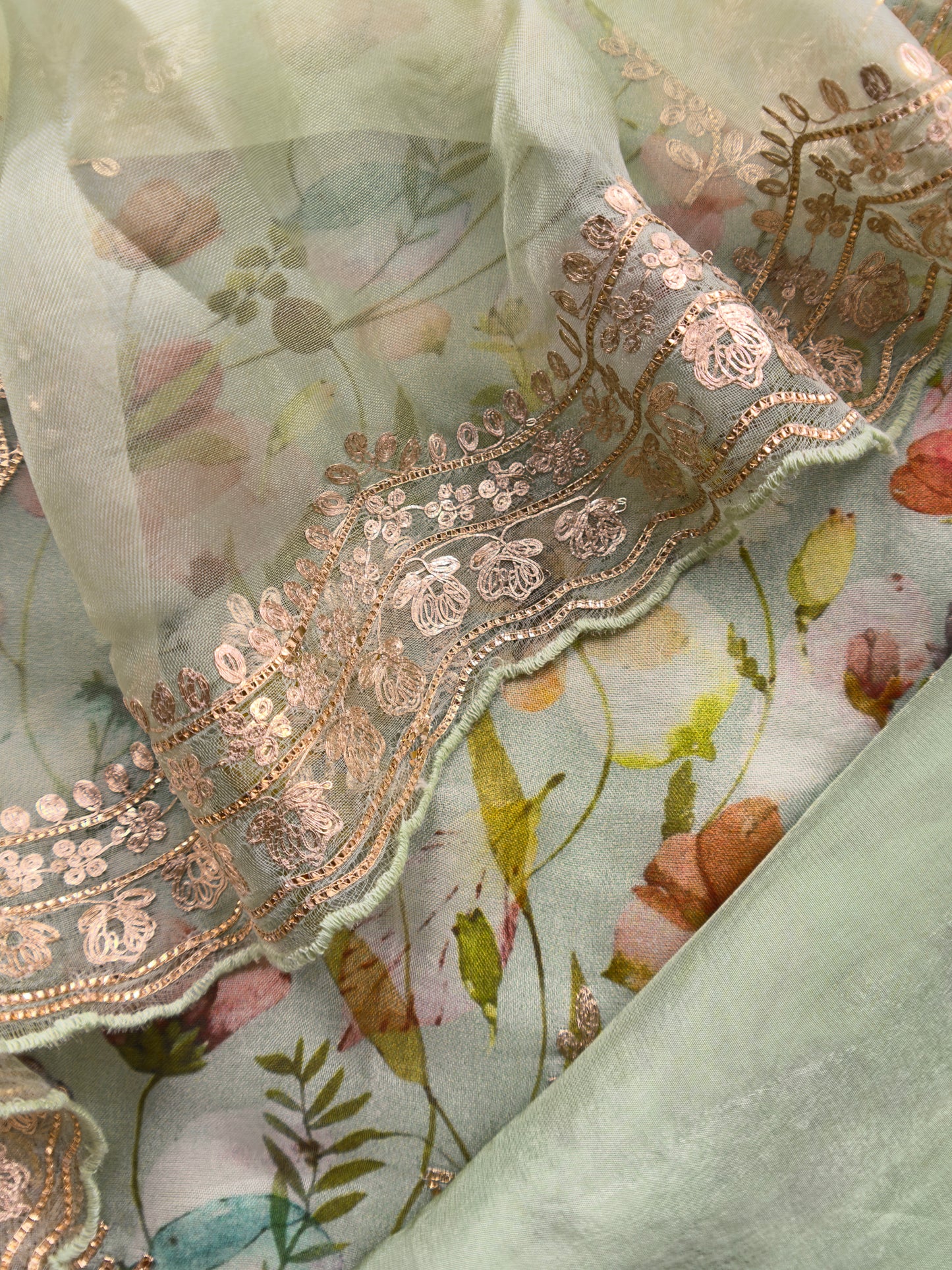 Soft Pista Green Kalasheel Luxe Phool Bagh Pure Organza Suit With Pitta Work