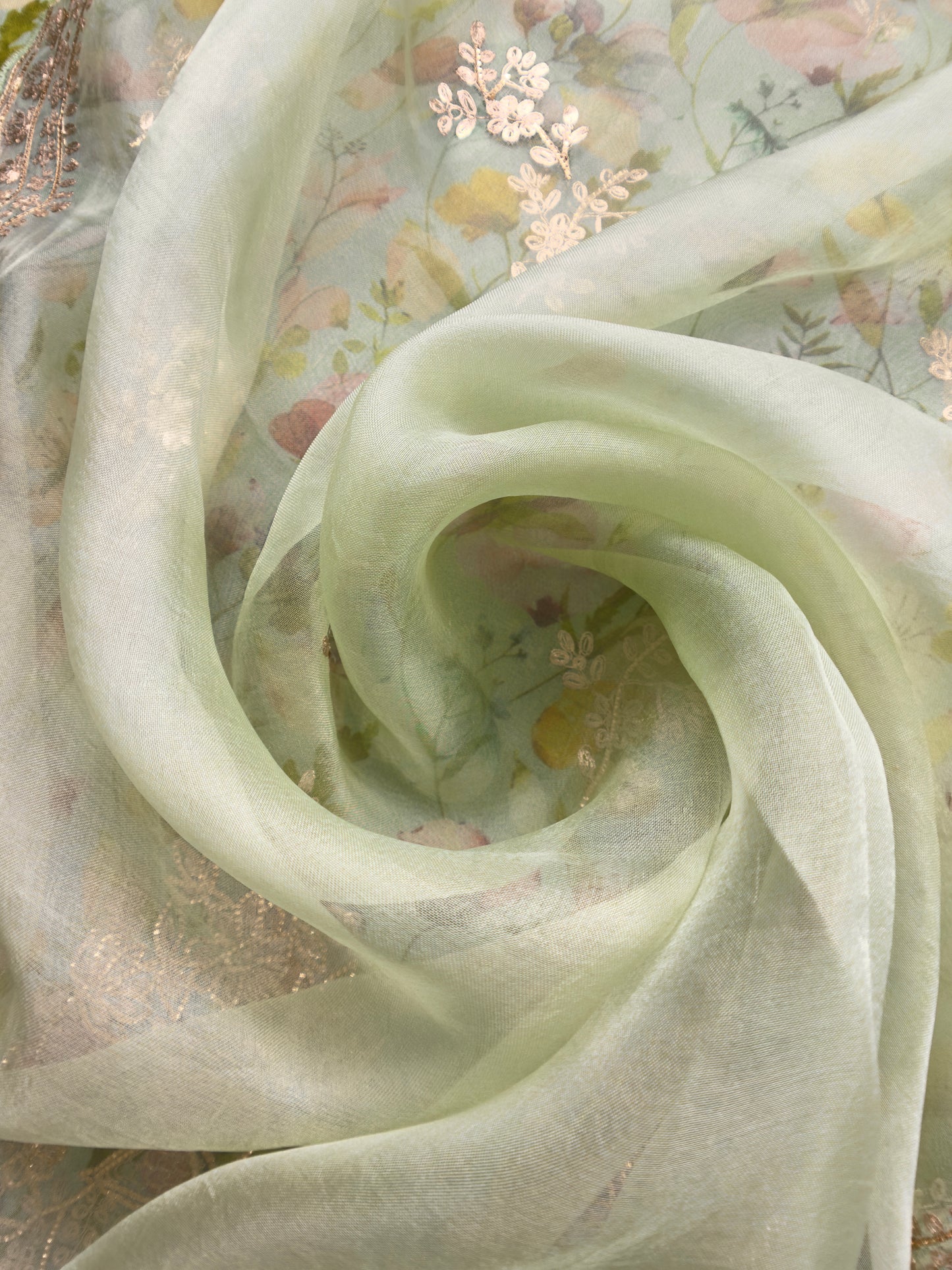 Soft Pista Green Kalasheel Luxe Phool Bagh Pure Organza Suit With Pitta Work
