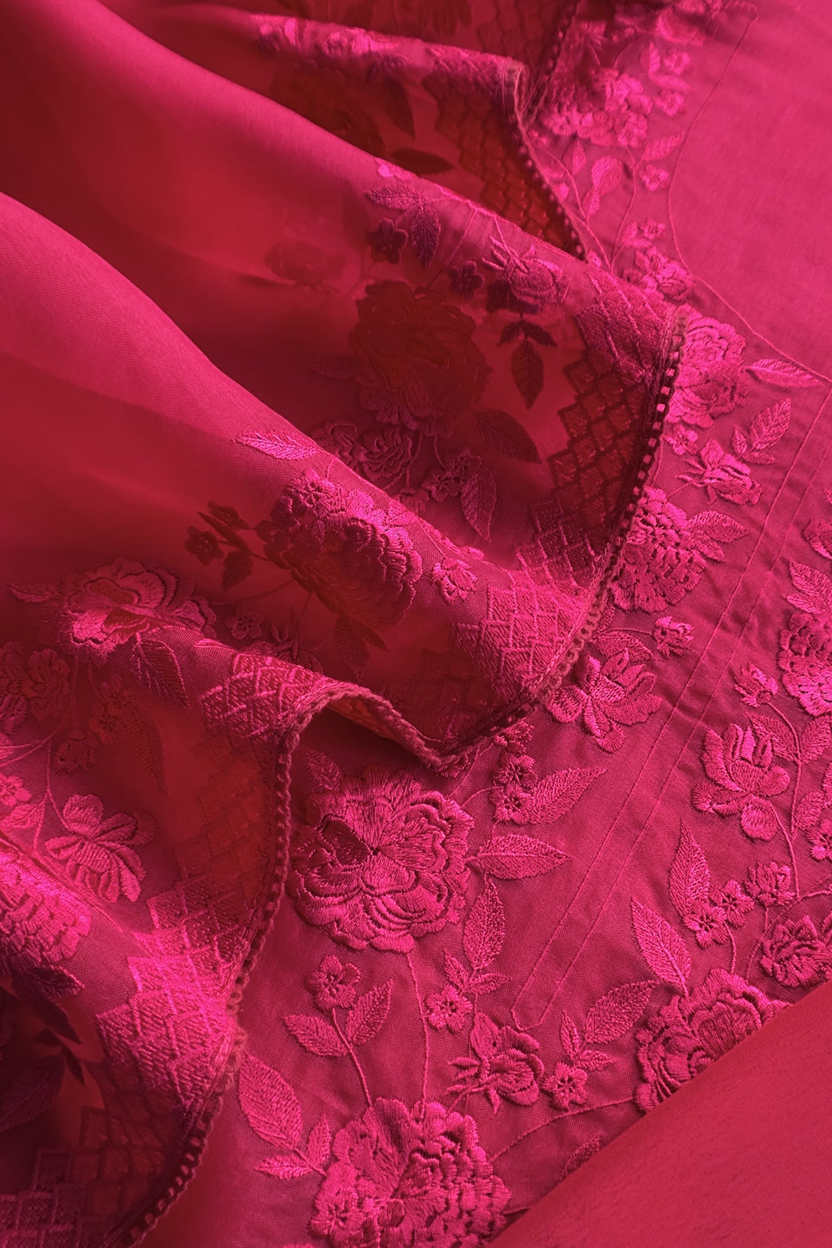 Rani Pink Pure Kora Silk Unstitched Suit Fabric With Parsi Embroidery