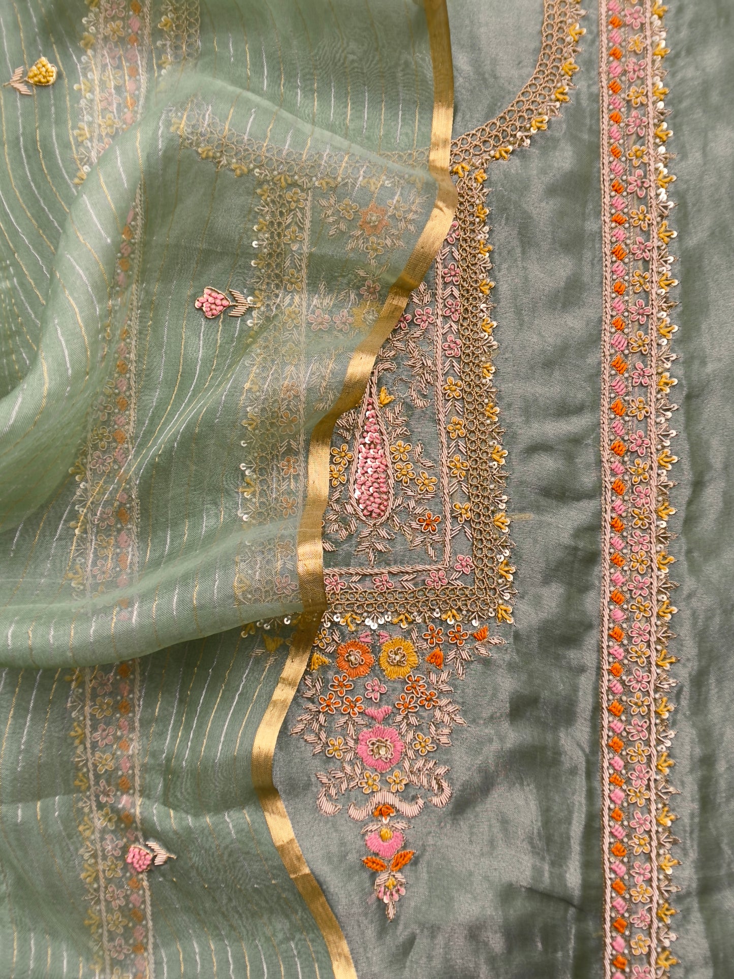 Festive Light Green Pure Tissue Silk Suit With Resham Embroidery