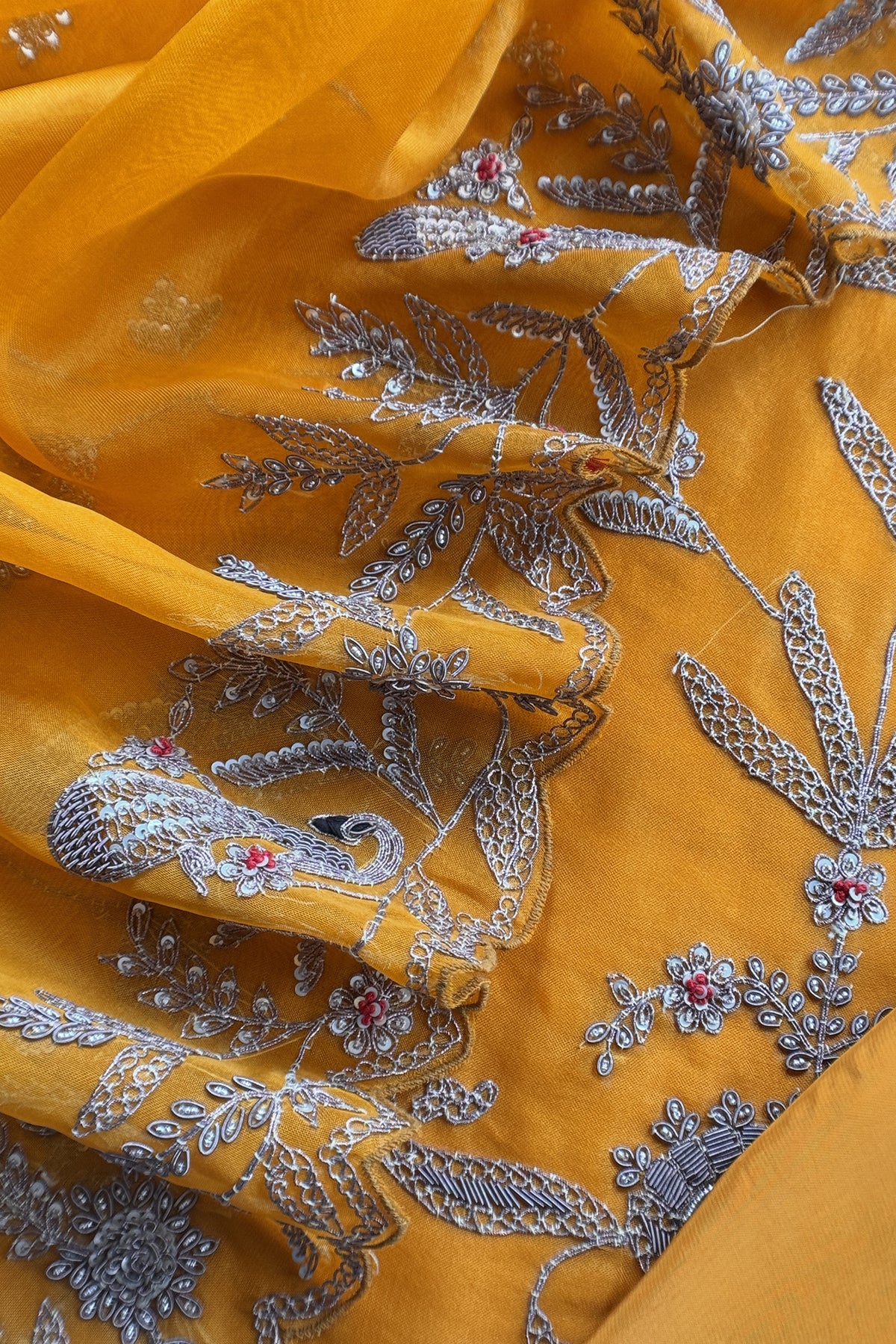 Orange Handloom Kora Silk Suit With Hand Embroidery
