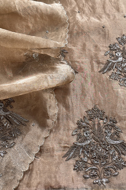 Pearl Deep Brown Handloom Tissue Silk Unstitched Suit with Dabka Handwork