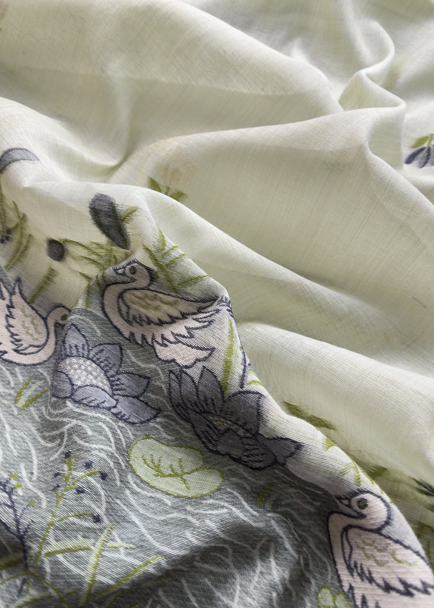 Green Lotus And Swans Jamdani Suit In Linen Chanderi