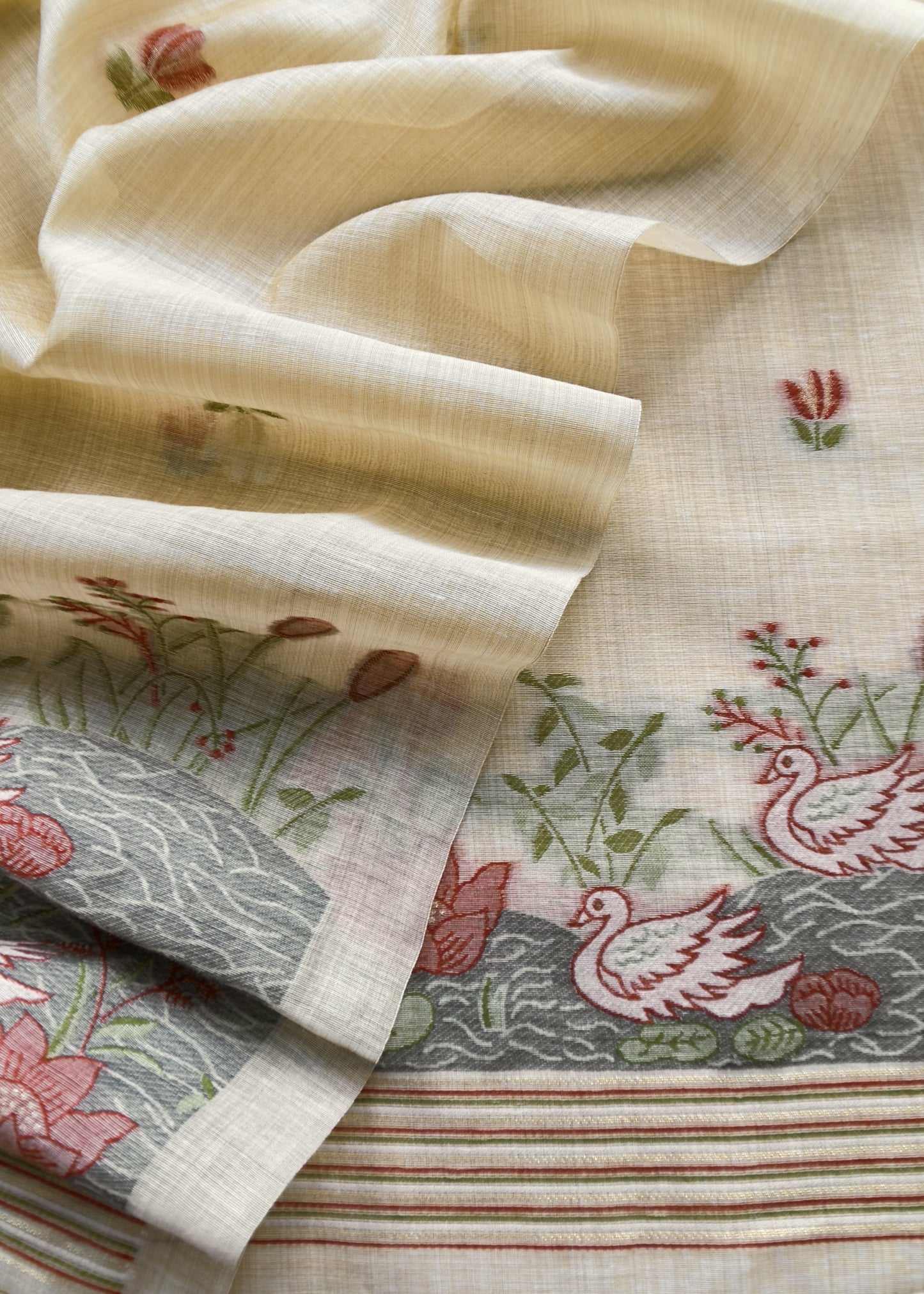 Beige Yellow Lotus And Swans Jamdani Suit In Linen Chanderi