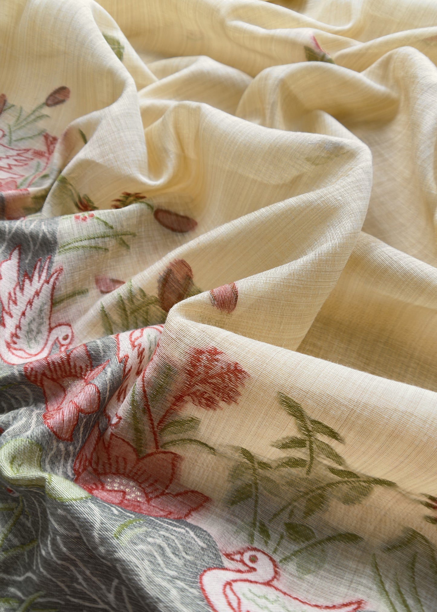 Beige Yellow Lotus And Swans Jamdani Suit In Linen Chanderi