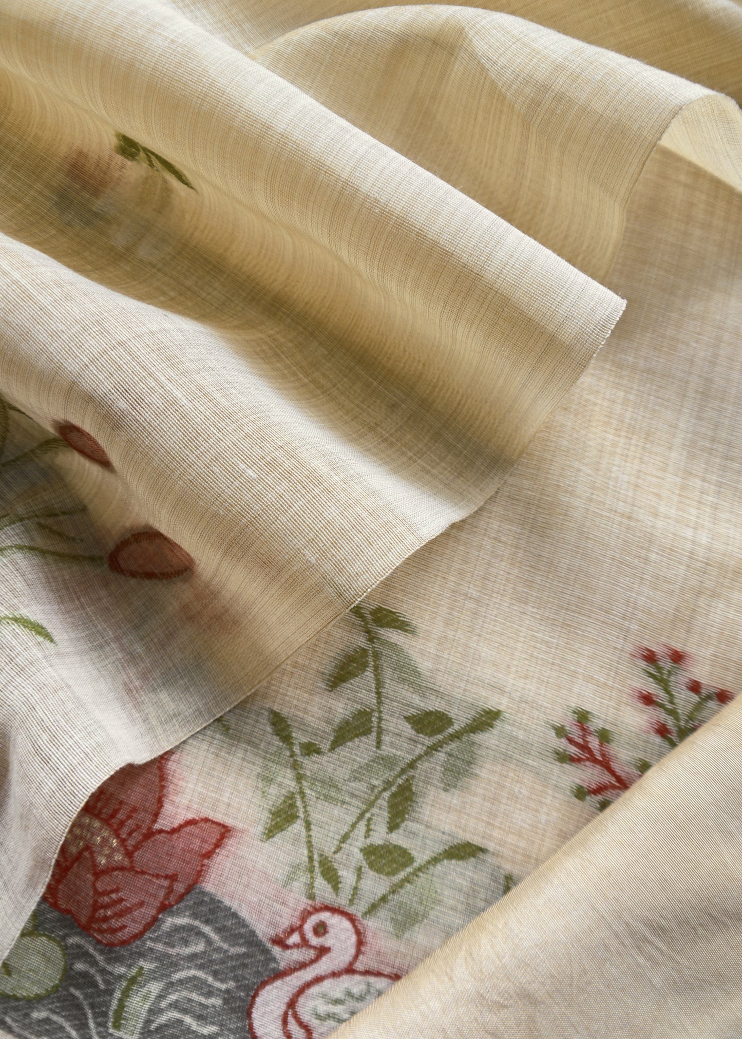Beige Yellow Lotus And Swans Jamdani Suit In Linen Chanderi
