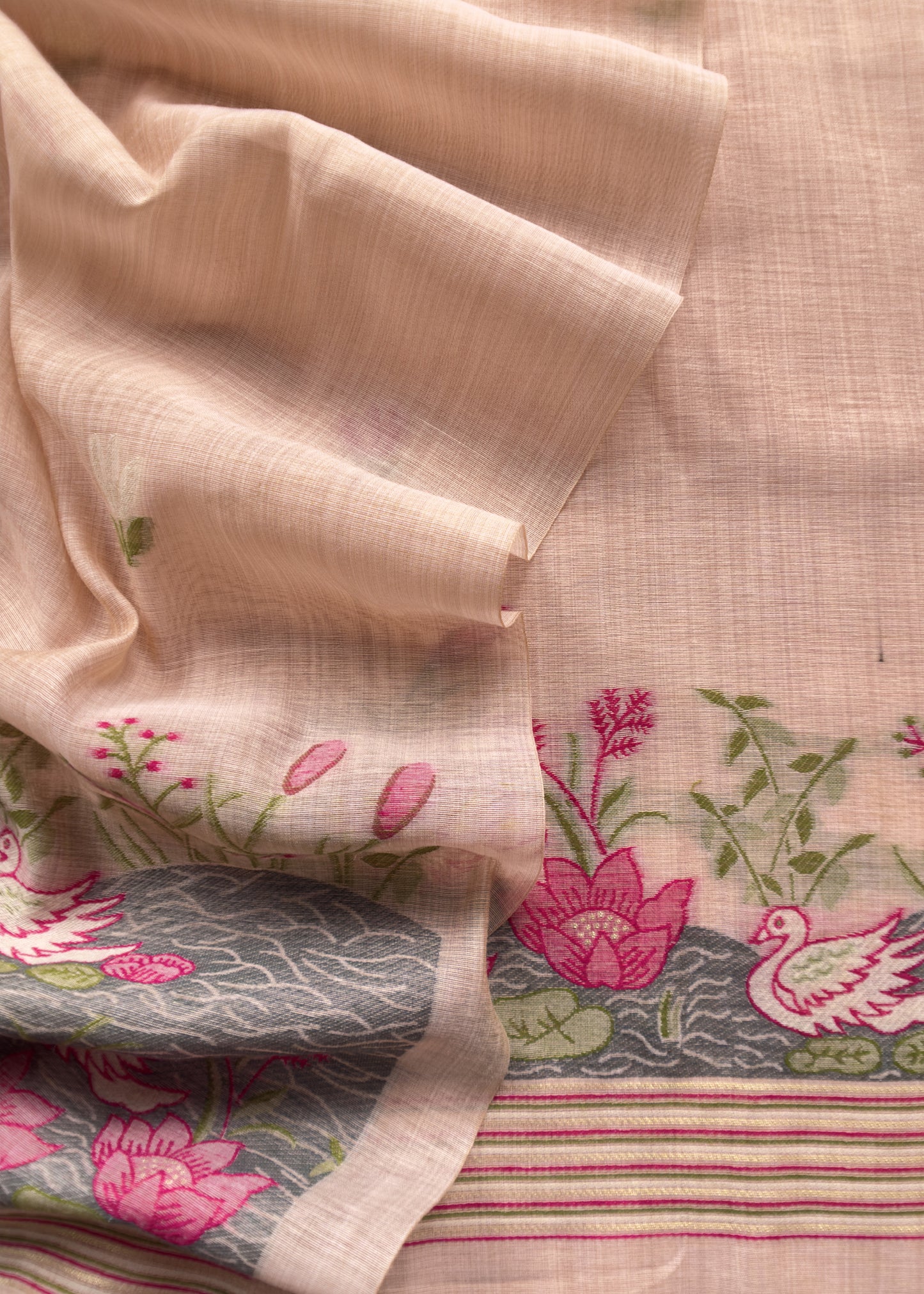 Peachy Pink Lotus And Swans Jamdani Suit In Linen Chanderi