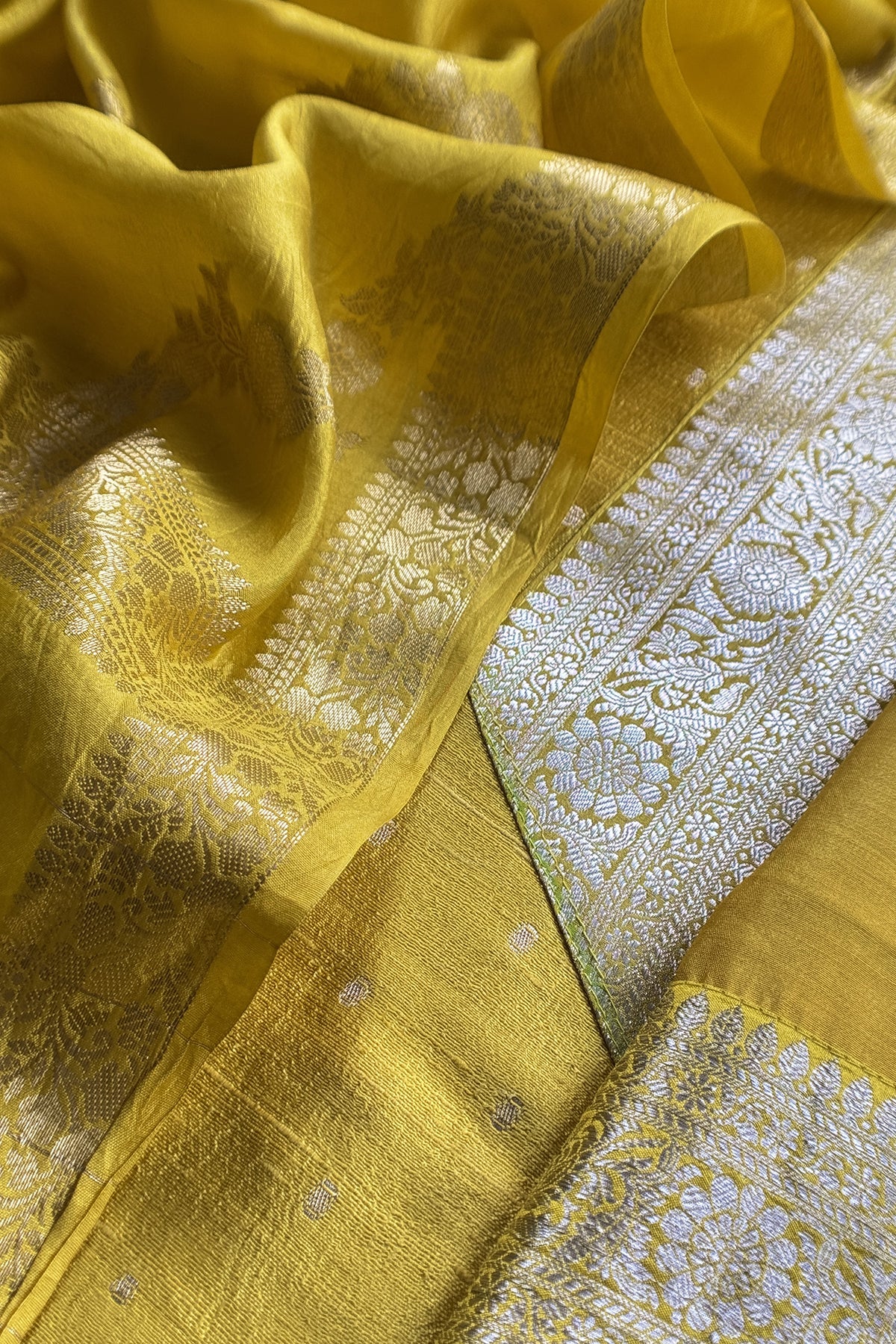 Lime Yellow Pure Raw Silk Suit With Silk Floral Dupatta